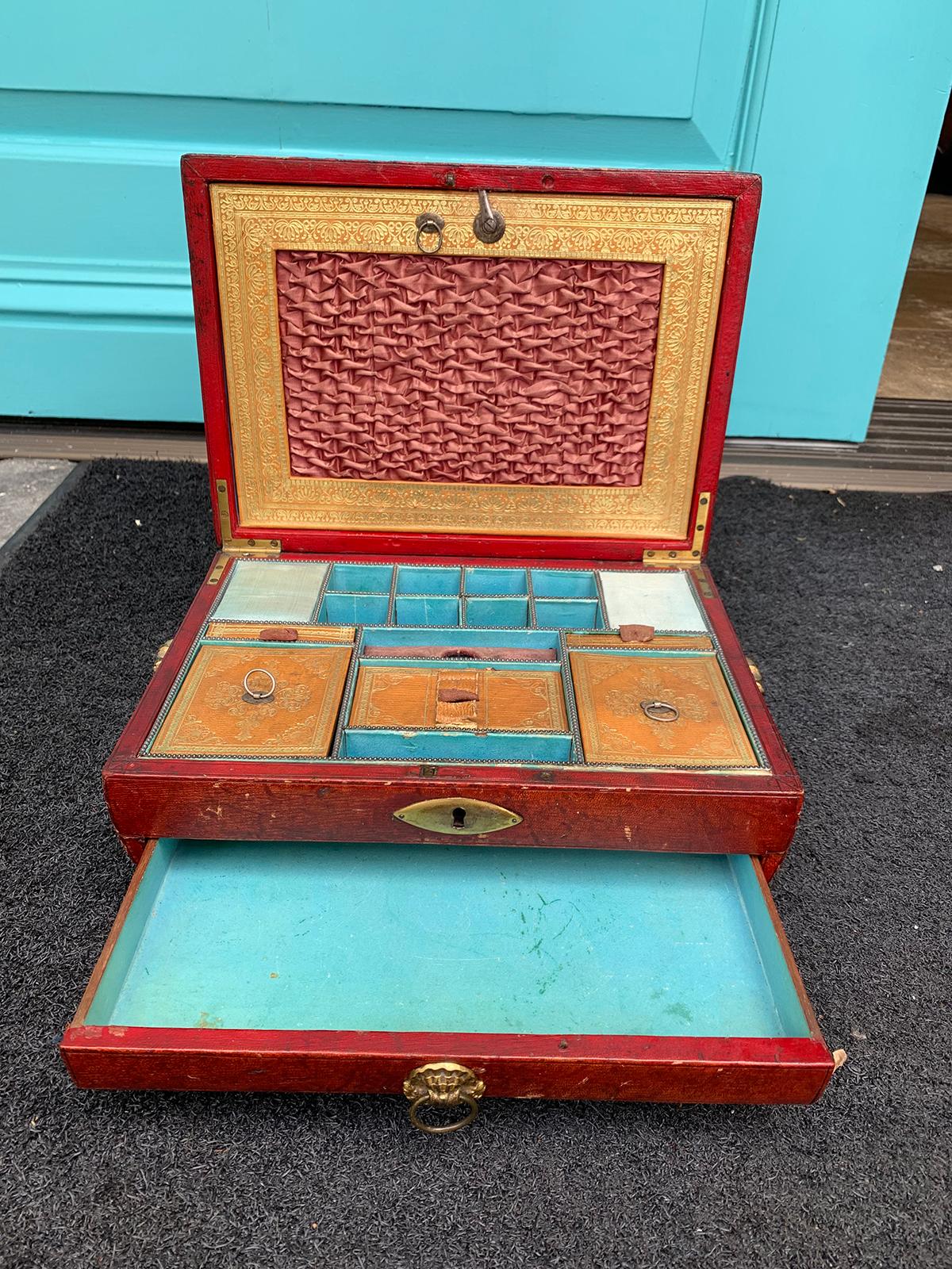 Early 19th Century Regency Red Leather Chinoiserie Sewing Box, Initialed & Dated For Sale 11