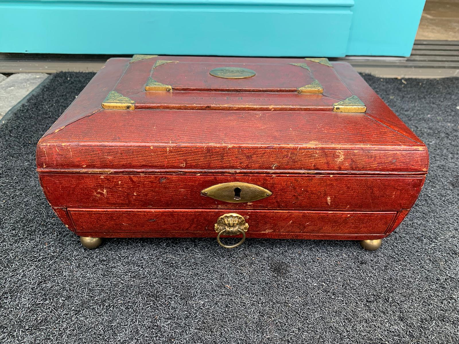 Early 19th Century Regency Red Leather Chinoiserie Sewing Box, Initialed & Dated For Sale 12