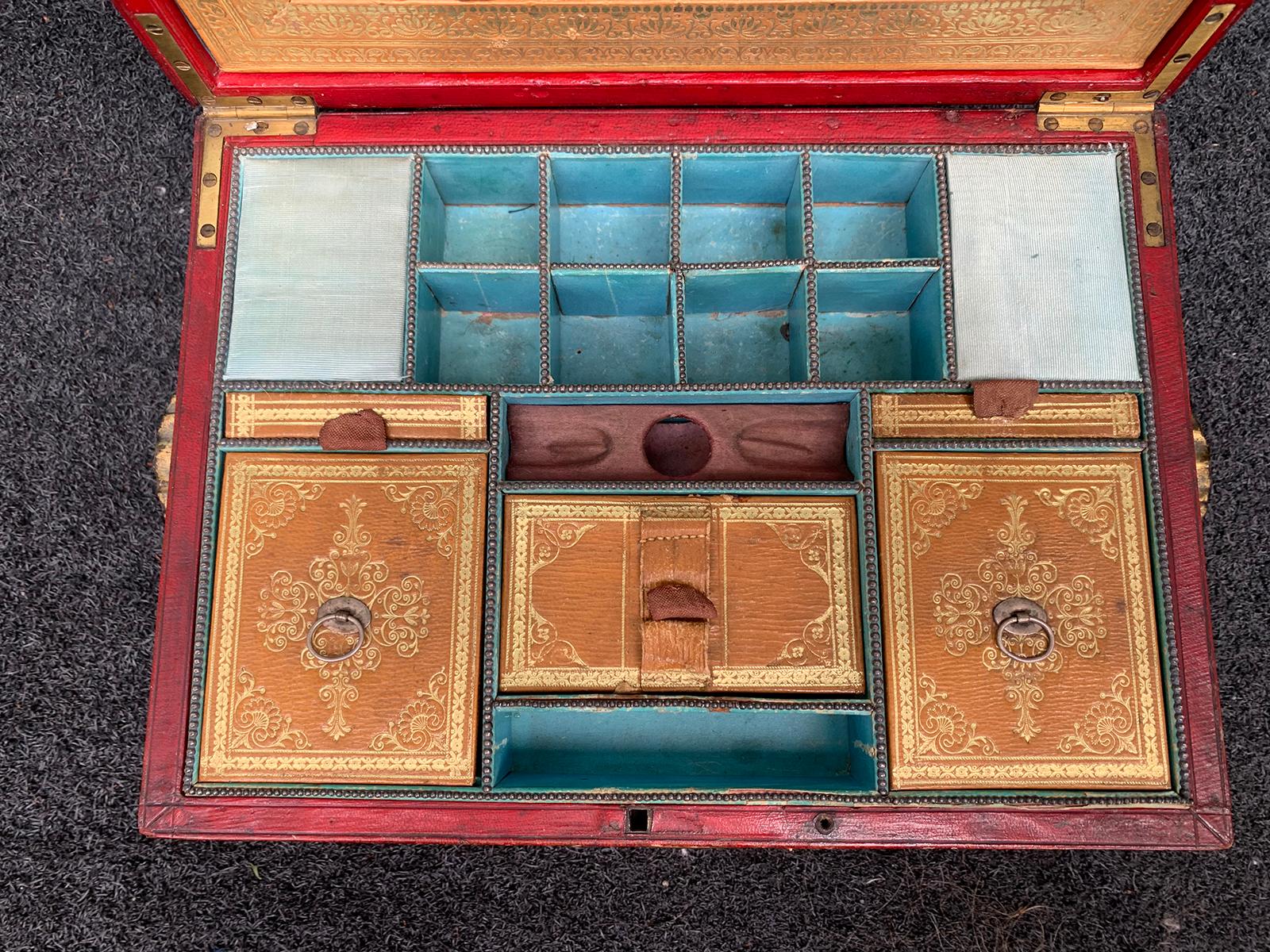 Gilt Early 19th Century Regency Red Leather Chinoiserie Sewing Box, Initialed & Dated For Sale