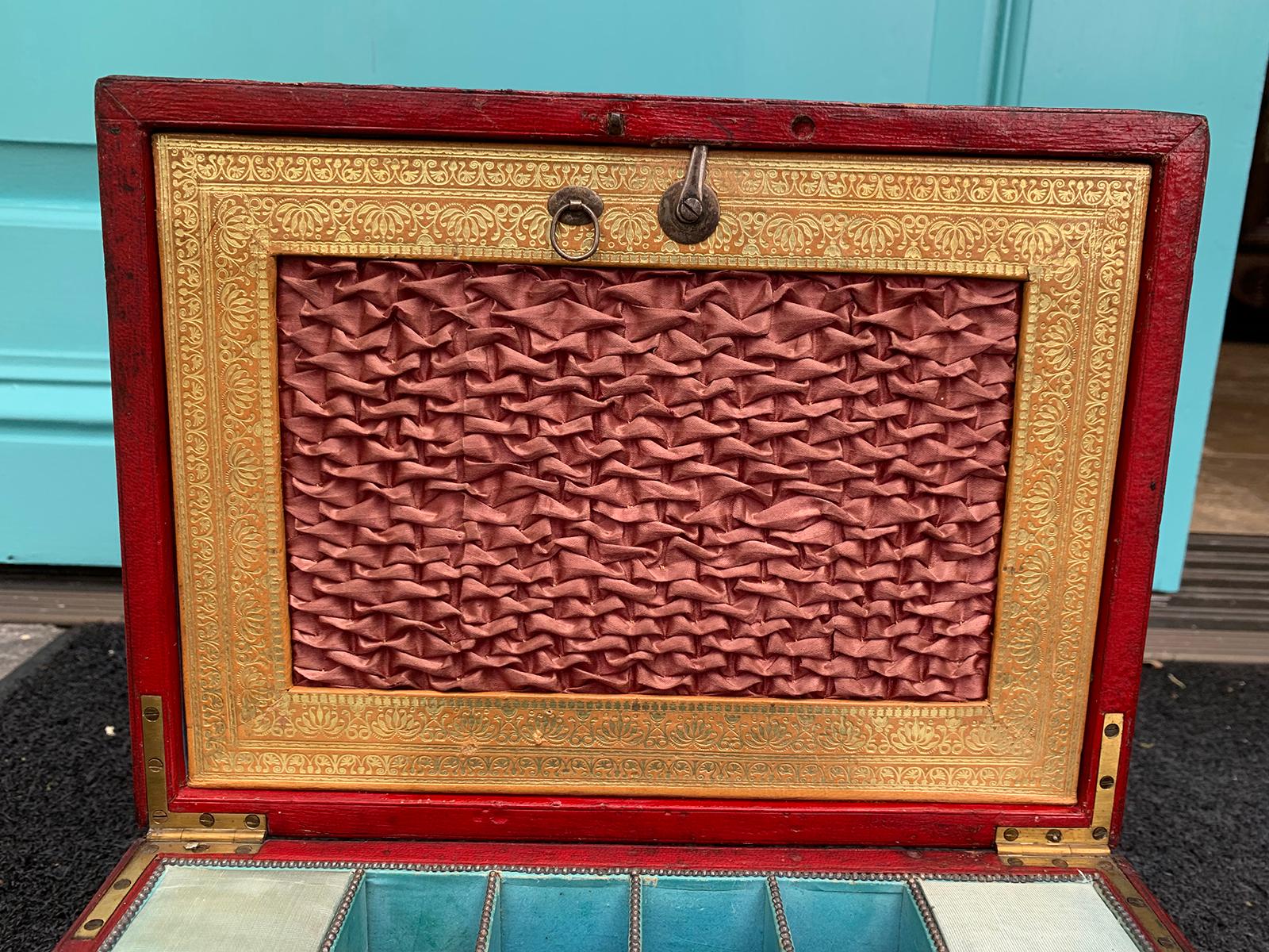 Early 19th Century Regency Red Leather Chinoiserie Sewing Box, Initialed & Dated In Good Condition For Sale In Atlanta, GA
