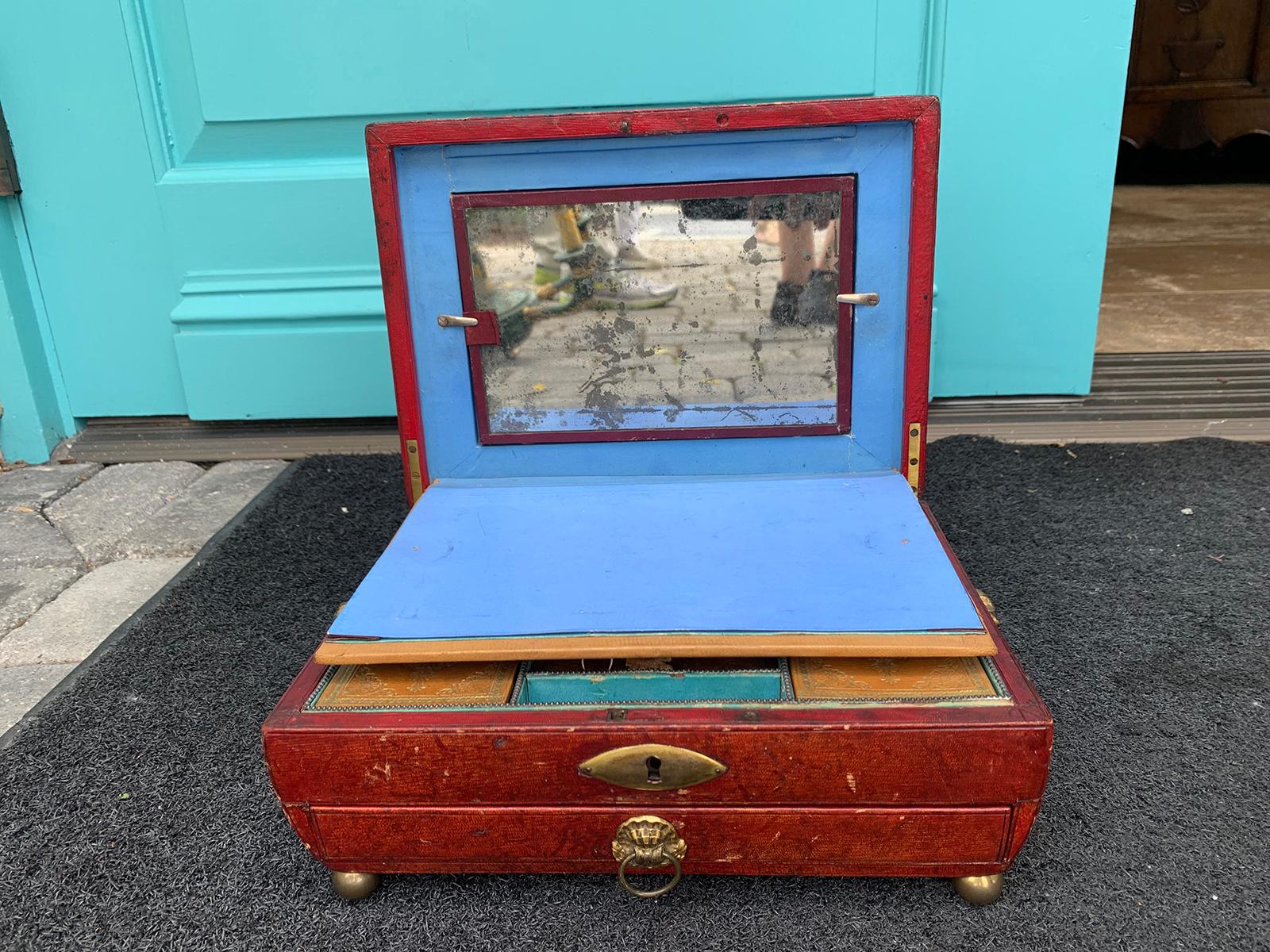 Brass Early 19th Century Regency Red Leather Chinoiserie Sewing Box, Initialed & Dated For Sale
