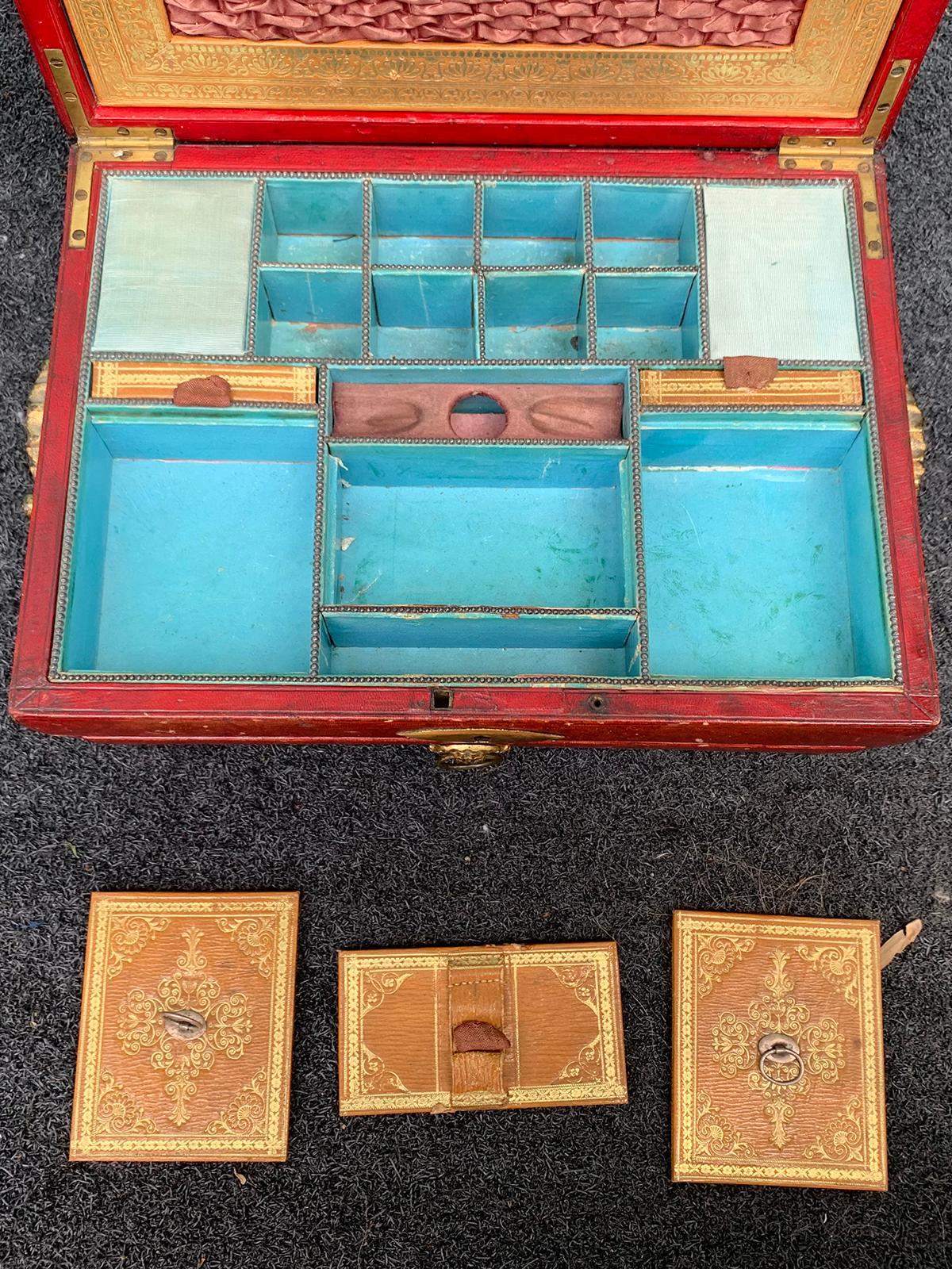 Early 19th Century Regency Red Leather Chinoiserie Sewing Box, Initialed & Dated For Sale 2