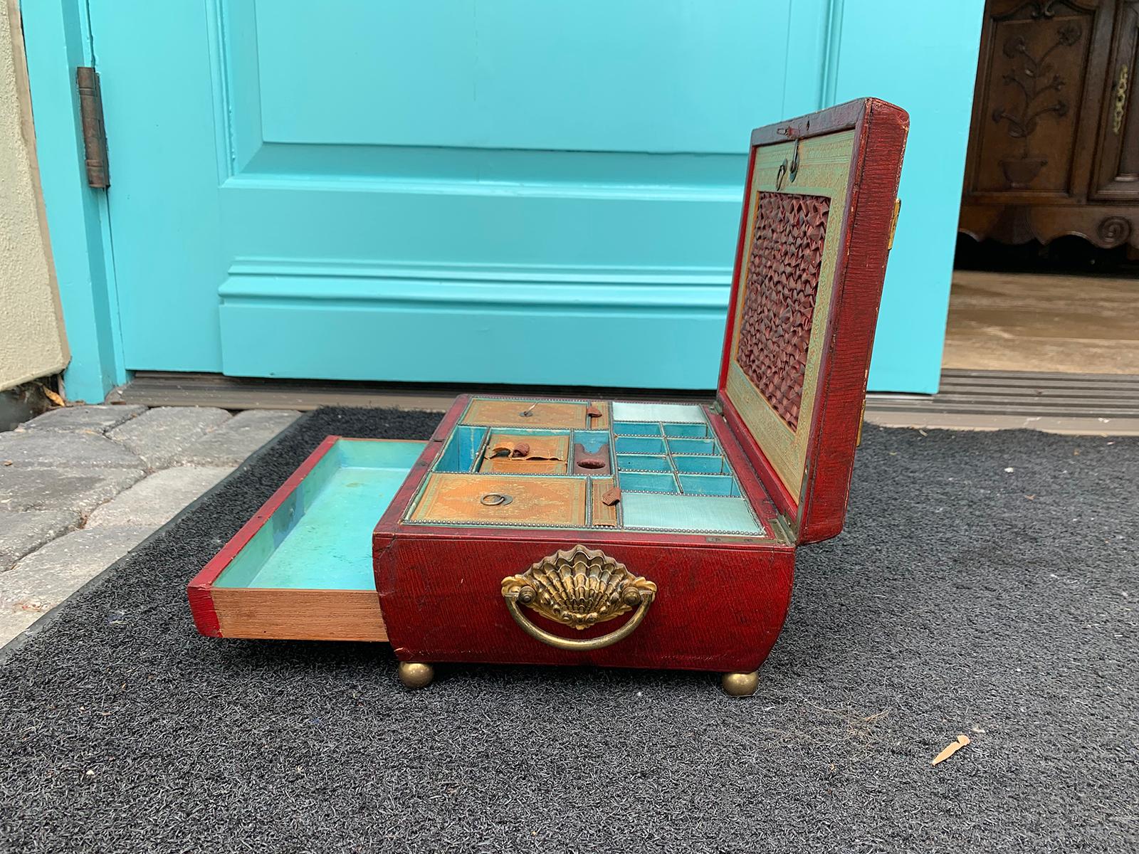 Early 19th Century Regency Red Leather Chinoiserie Sewing Box, Initialed & Dated For Sale 3