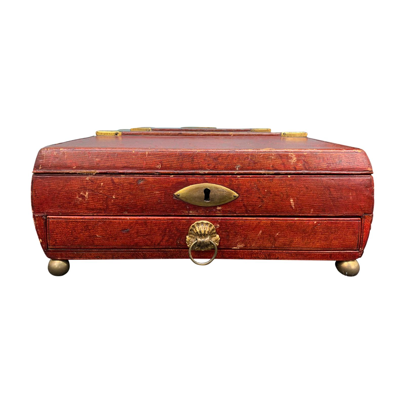 Early 19th Century Regency Red Leather Chinoiserie Sewing Box, Initialed & Dated For Sale