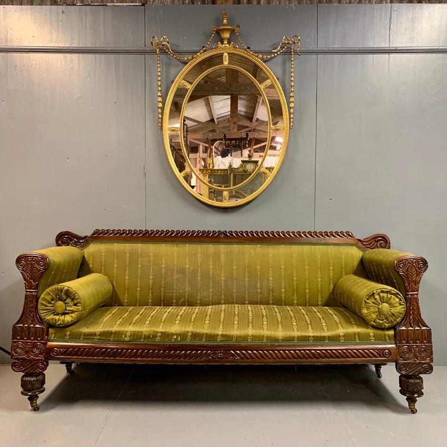 Very beautiful and original late Regency 3-seat sofa in rosewood and beautifully carved.
Great proportions to the sofa and it stands very well. Certainly a very decorative sofa, but actually comfortable too which often isn't the case with these