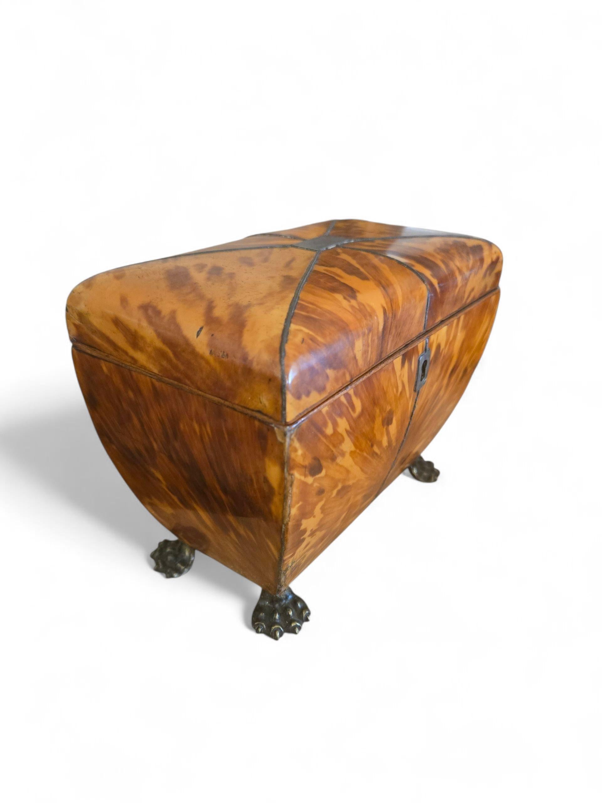 Good tortoiseshell color & patterning ( strong mottling and radiating veneer).
Original paw feet 
Original interior lids with bone knobs (one replaced) 
Cartouche intact
Condition – some age-related cracks and wear are expected and accepted. Key
