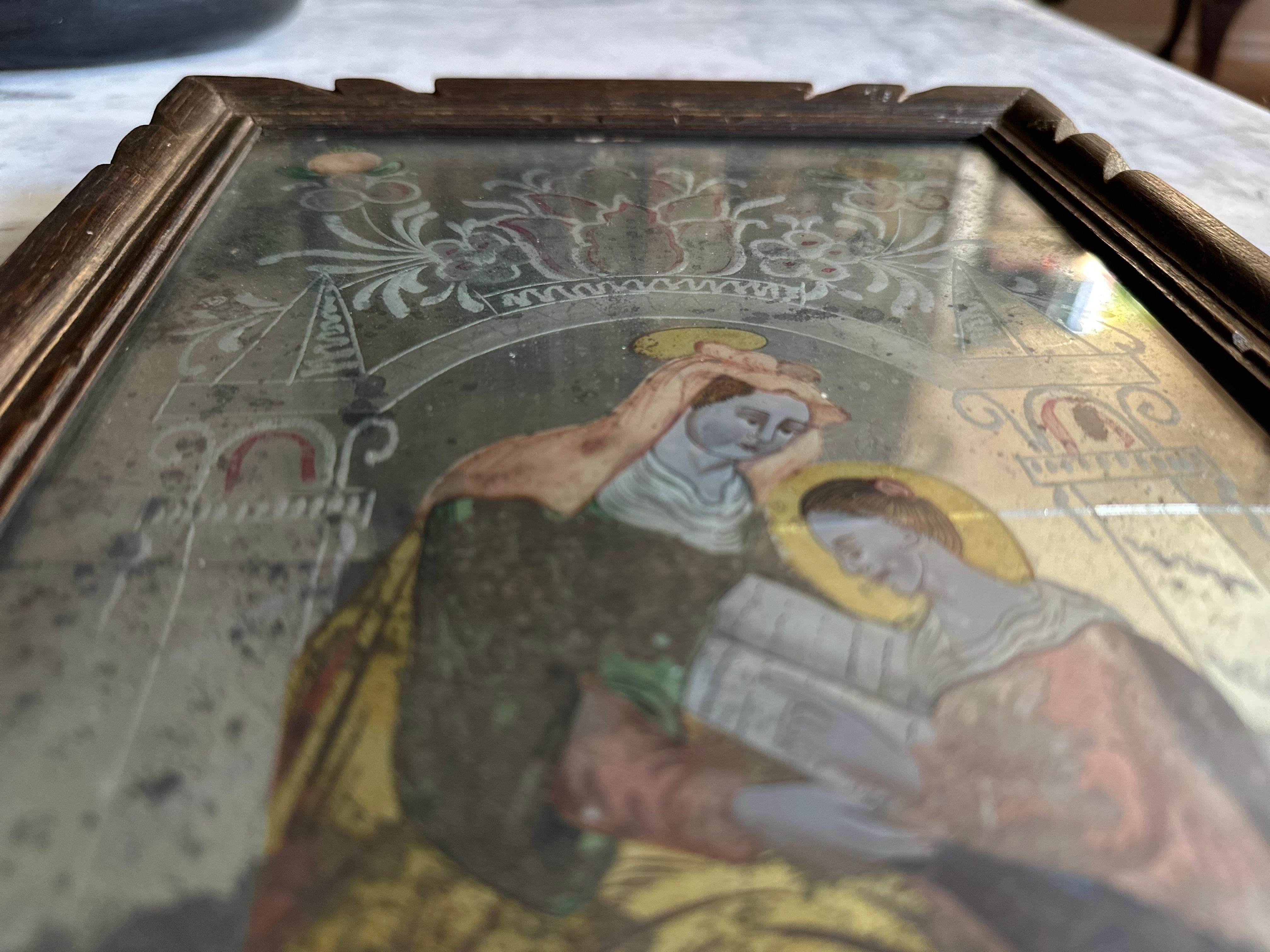 Early 19th Century Reverse Glass Painting of Saint Anne For Sale 4