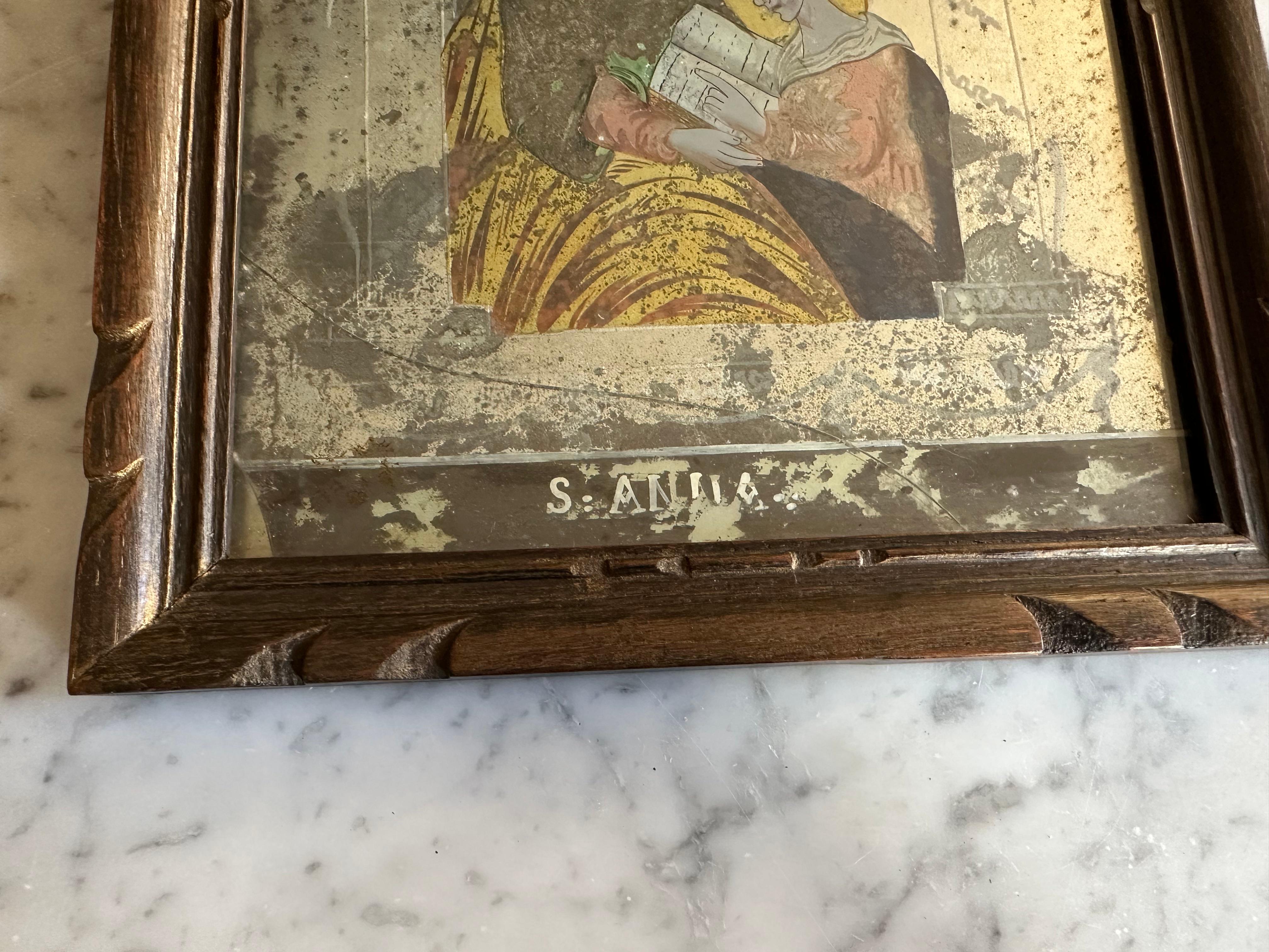 Biedermeier Early 19th Century Reverse Glass Painting of Saint Anne For Sale