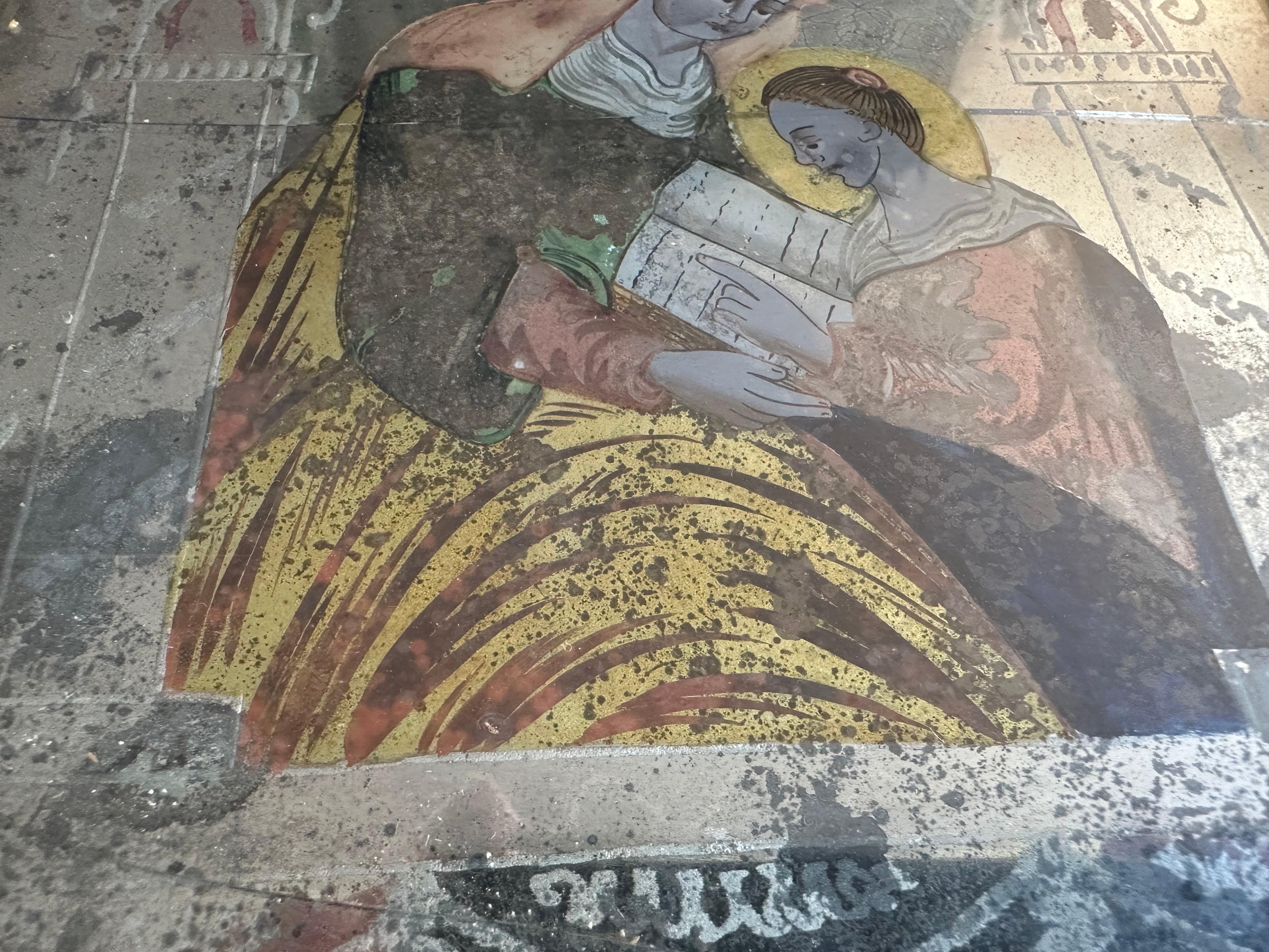 German Early 19th Century Reverse Glass Painting of Saint Anne For Sale