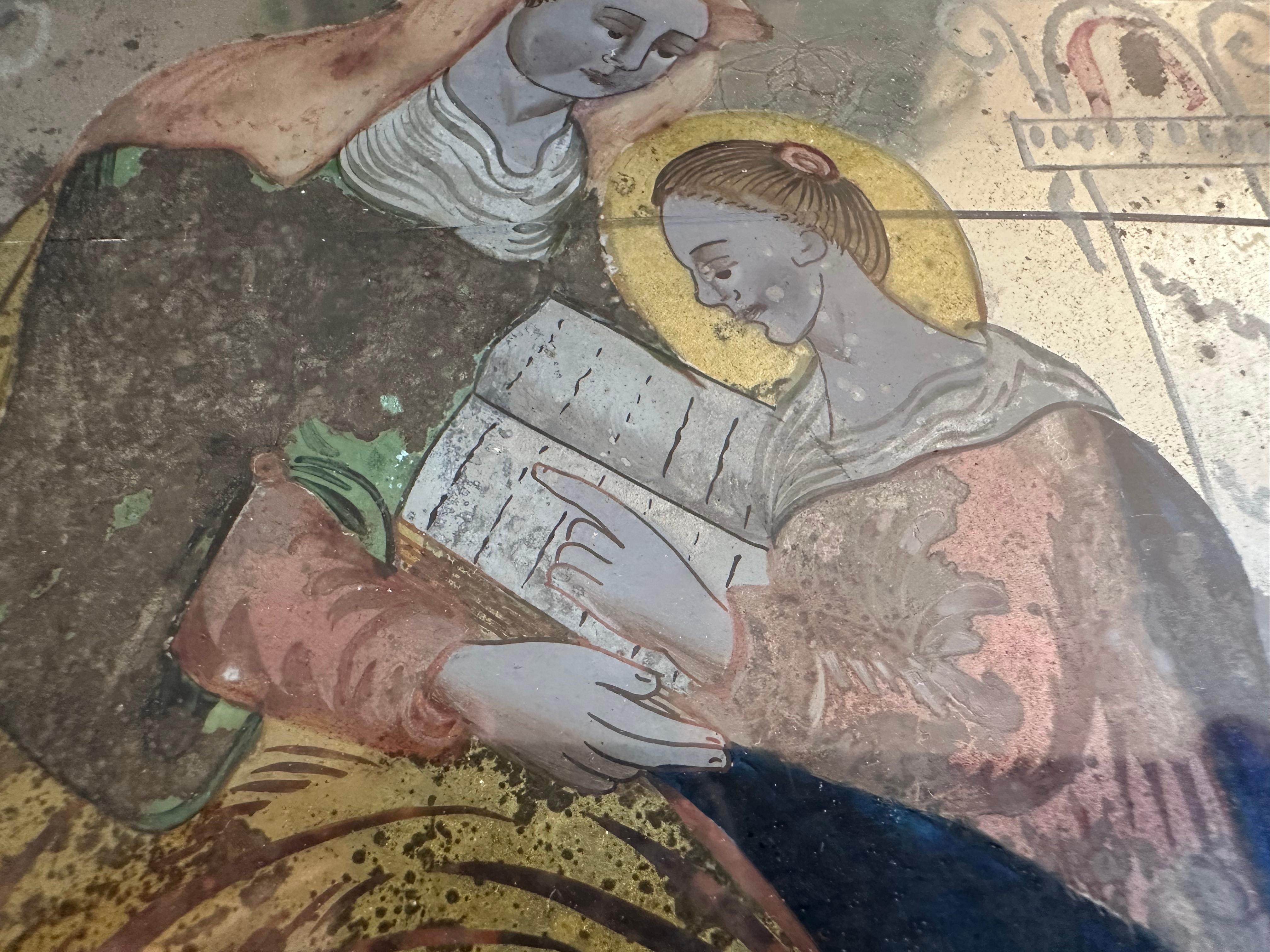 Hand-Painted Early 19th Century Reverse Glass Painting of Saint Anne For Sale