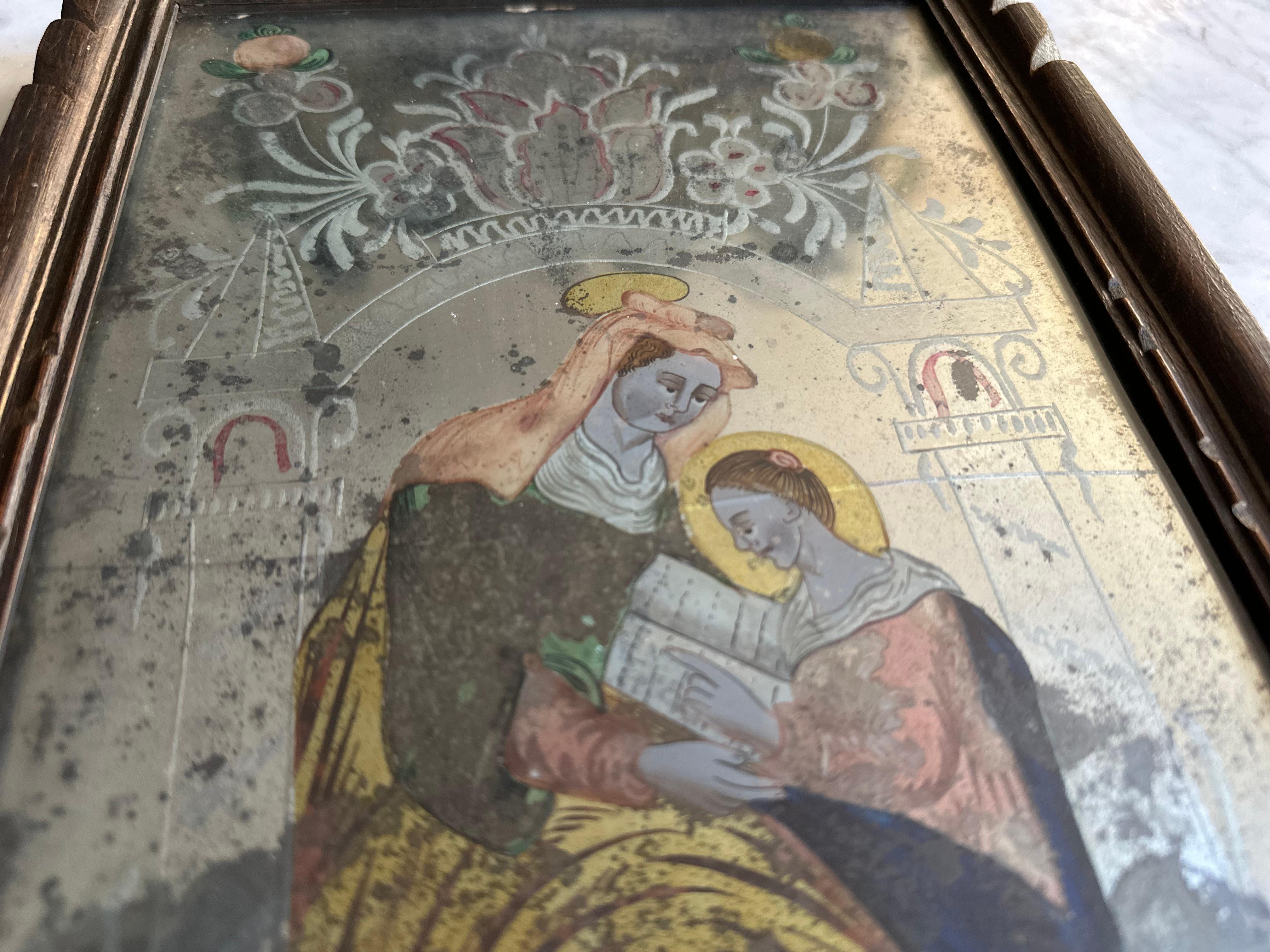 Early 19th Century Reverse Glass Painting of Saint Anne For Sale 2