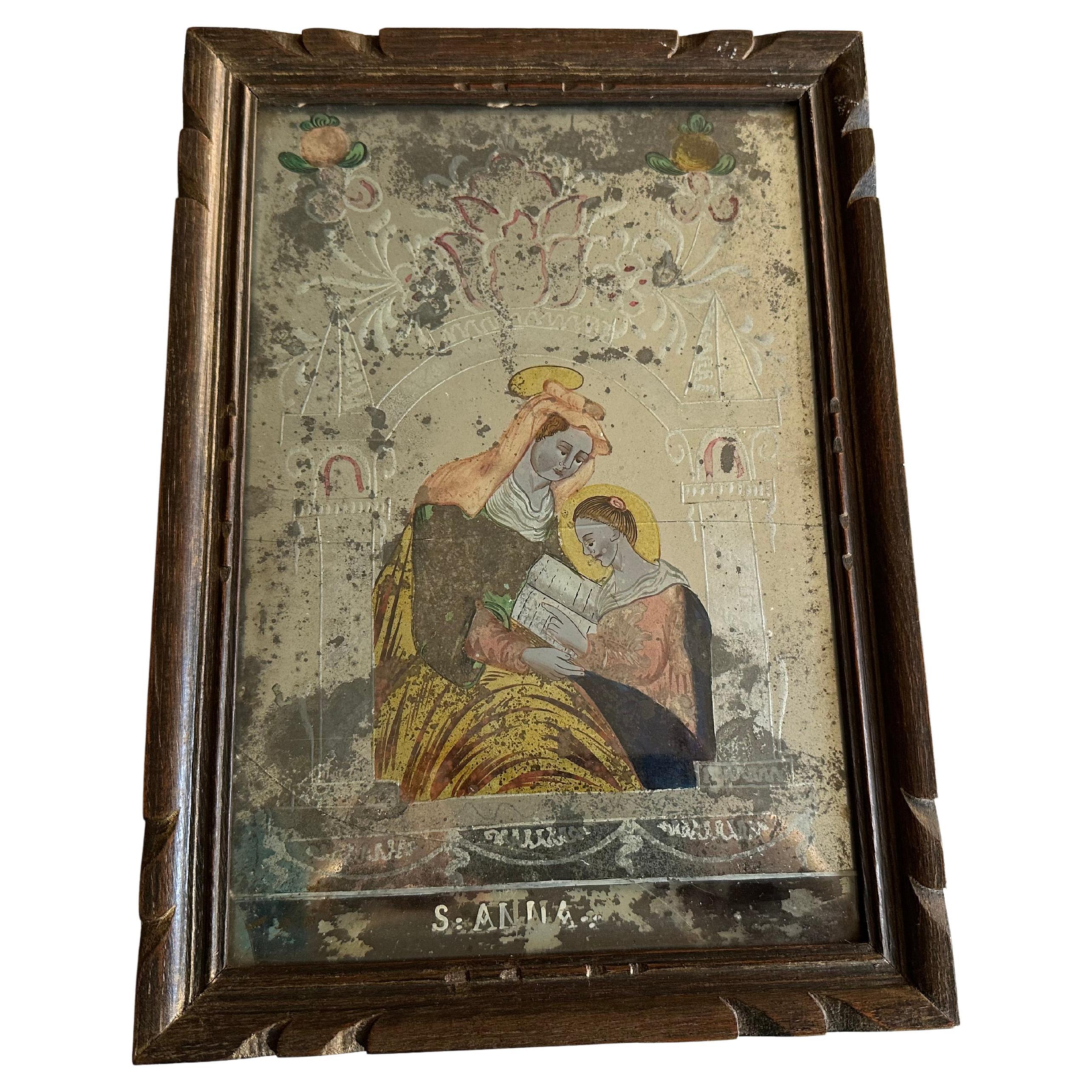 Early 19th Century Reverse Glass Painting of Saint Anne For Sale