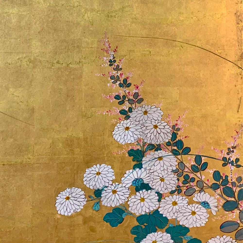 Gold Leaf Early 19th Century Rimpa School Floral Screen For Sale