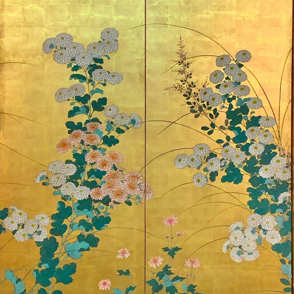 Gold Leaf Early 19th Century Rimpa School Floral Screen For Sale