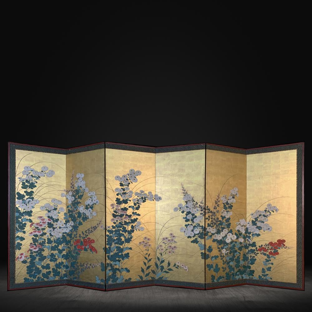 Early 19th Century Rimpa School Floral Screen For Sale 1
