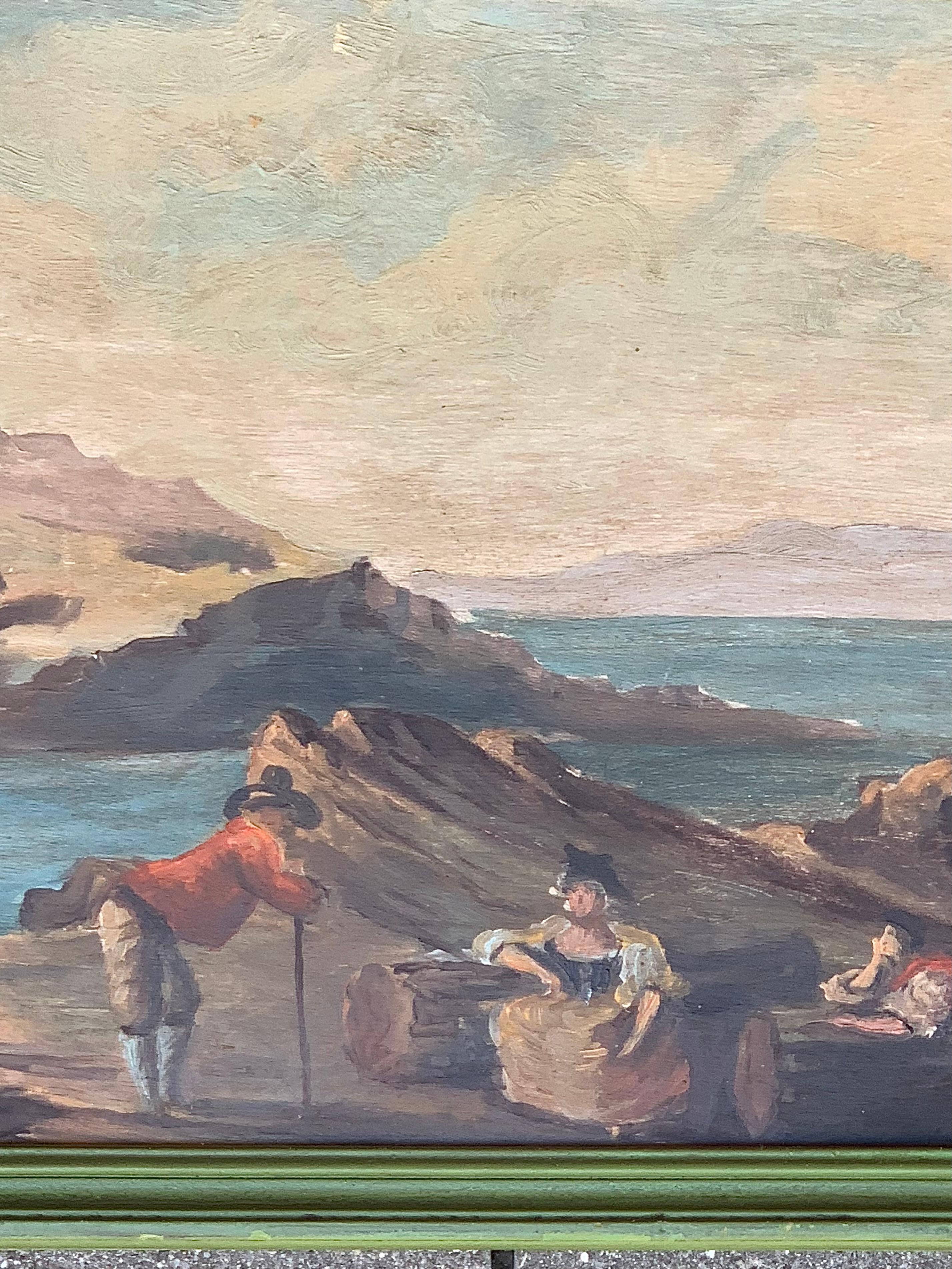 Early 19th Century Romantic Seascape With Figures Oil On Panel Supra Porte  For Sale 3