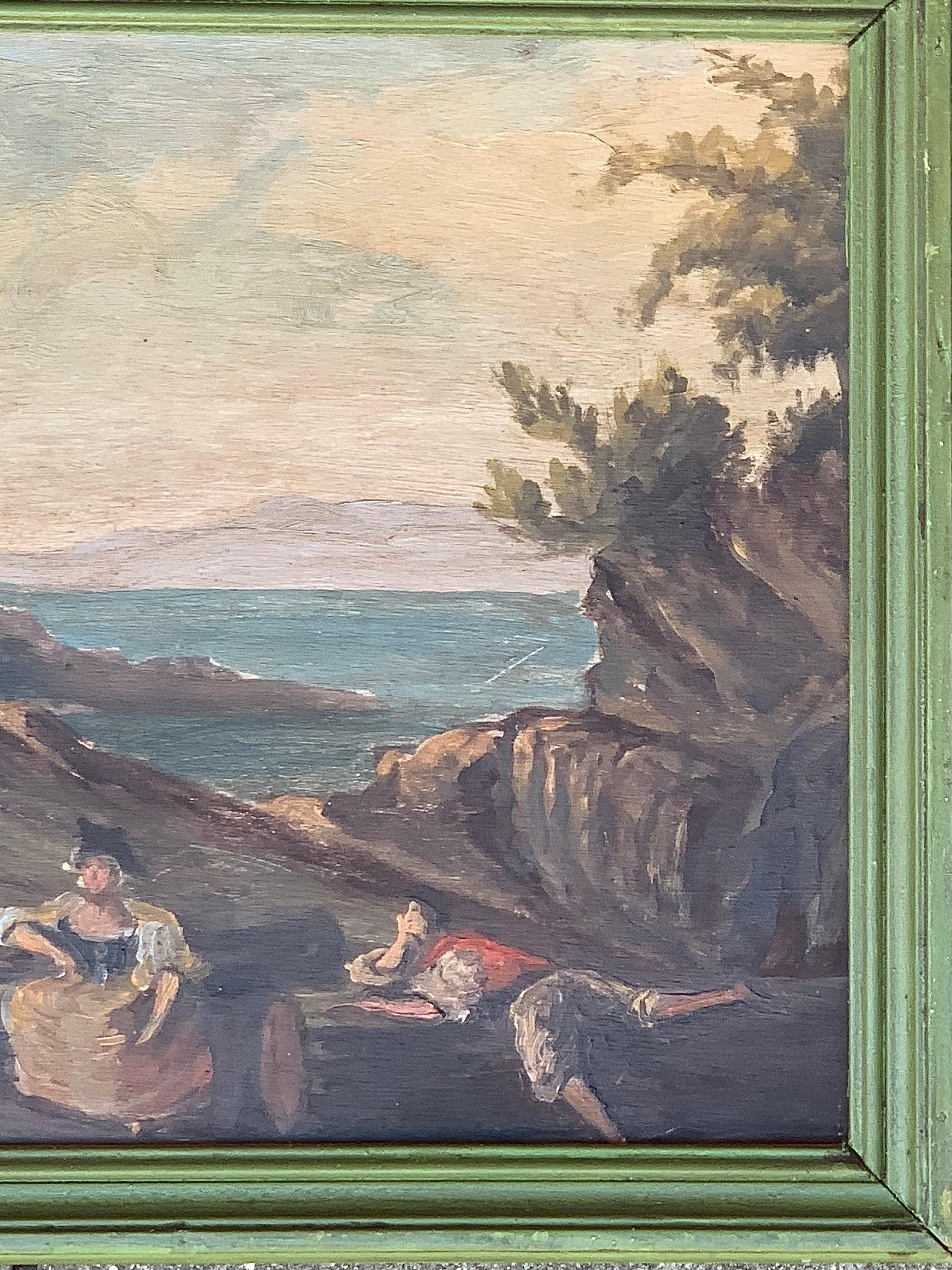 Early 19th Century Romantic Seascape With Figures Oil On Panel Supra Porte  For Sale 4