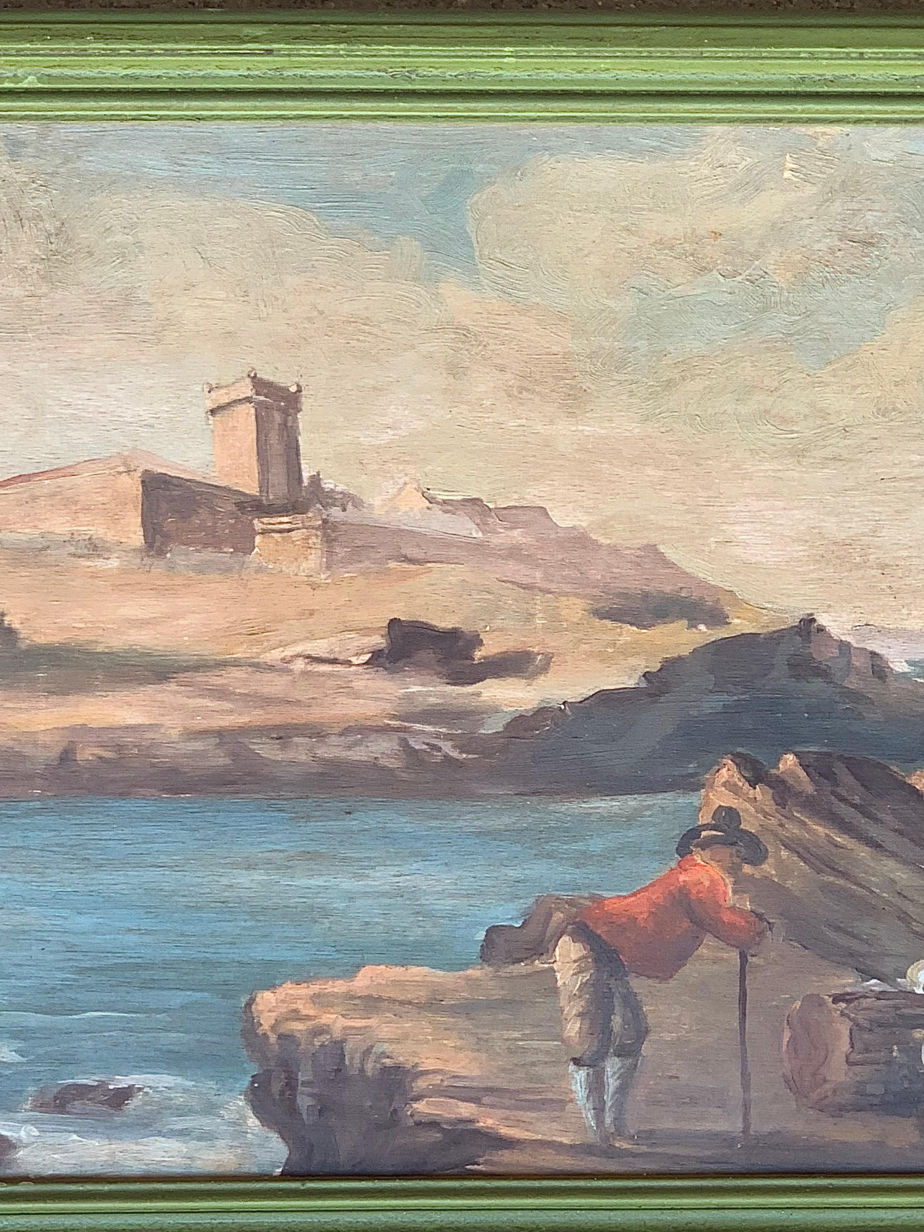 Early 19th Century Romantic Seascape With Figures Oil On Panel Supra Porte  For Sale 2