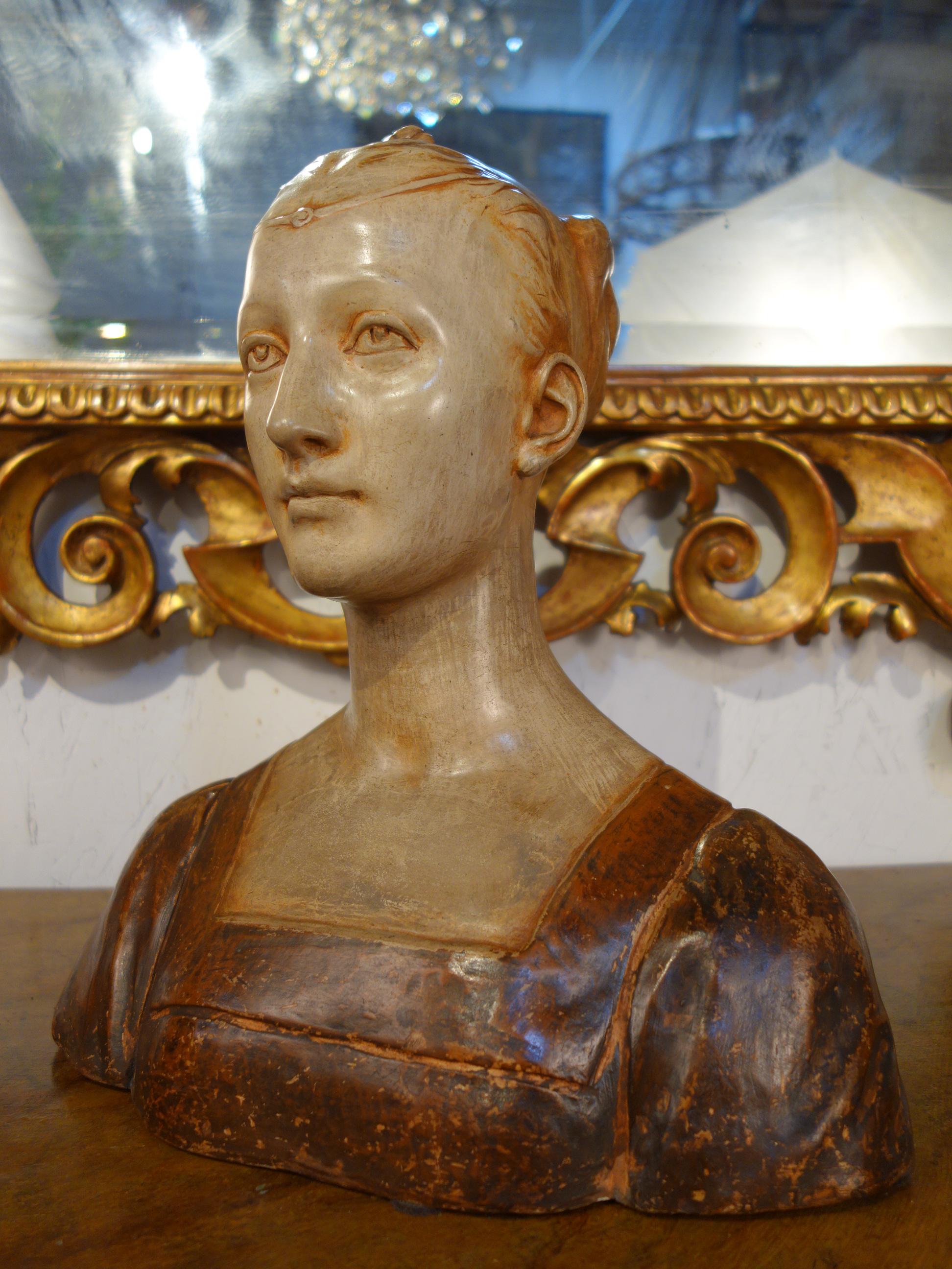 Italian Early 19th Century Romantic Style Painted Dona Bust Stucco, Florence, circa 1820 For Sale