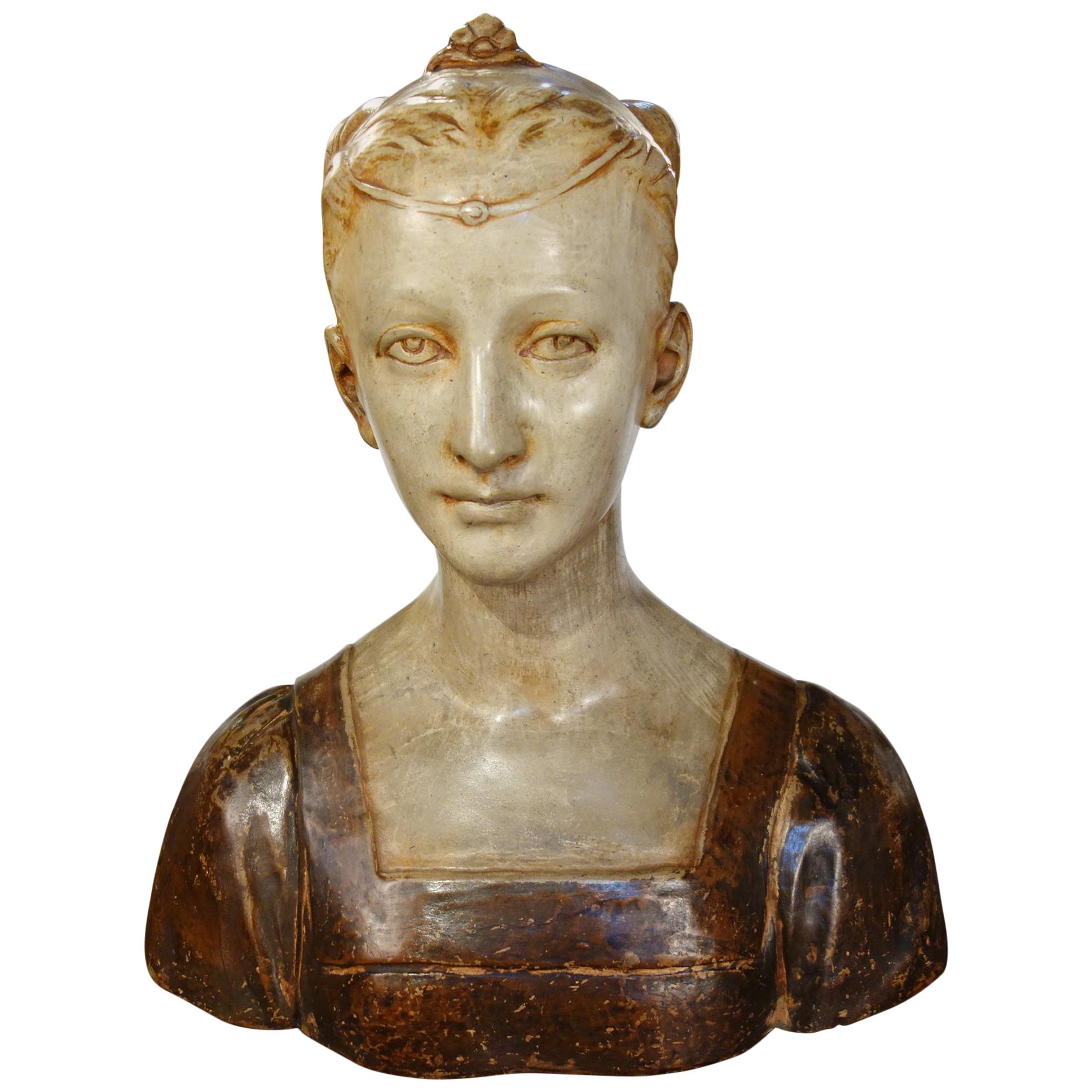 Early 19th Century Romantic Style Painted Dona Bust Stucco, Florence, circa 1820 For Sale