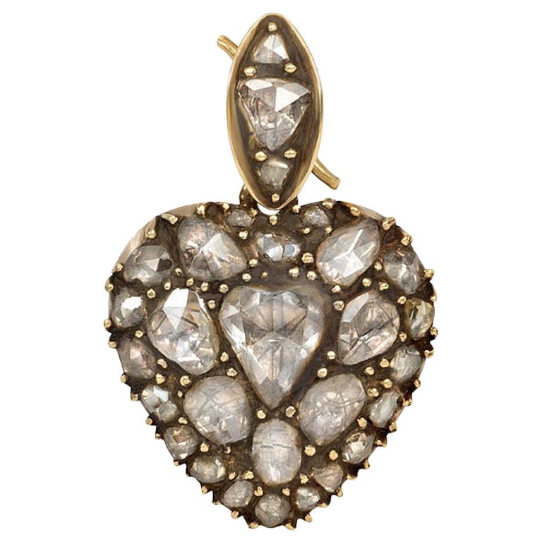 Early 19th Century Rose Diamond Heart Locket Pendant in Silver-Topped Gold