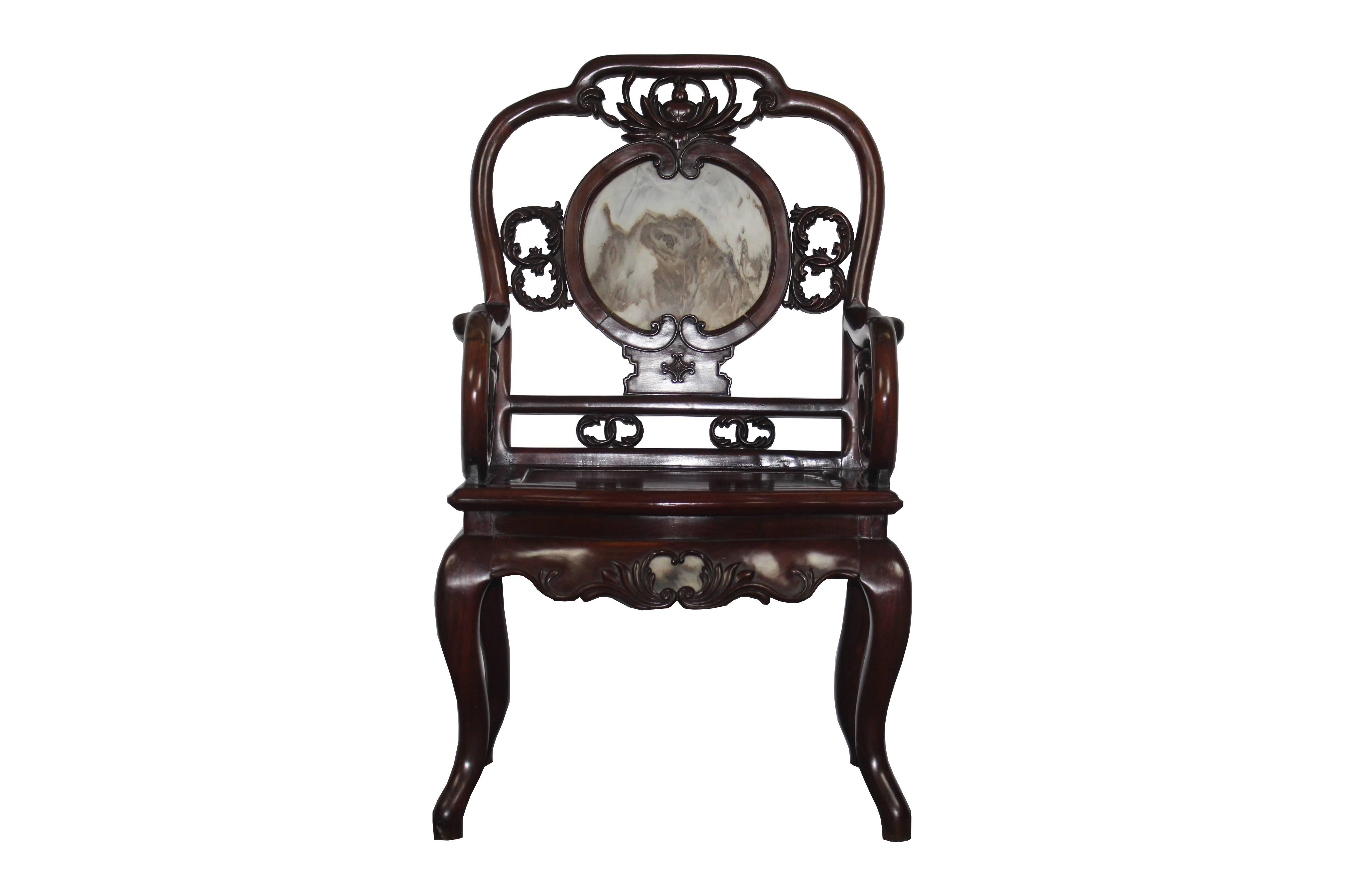 Magnificent classical style set of six hand-carved rosewood chairs, the back is inlaid in landscape stone, pierced apron, top rail and splat and three marble top rosewood side tables, circa 1880. Pair of tables 15