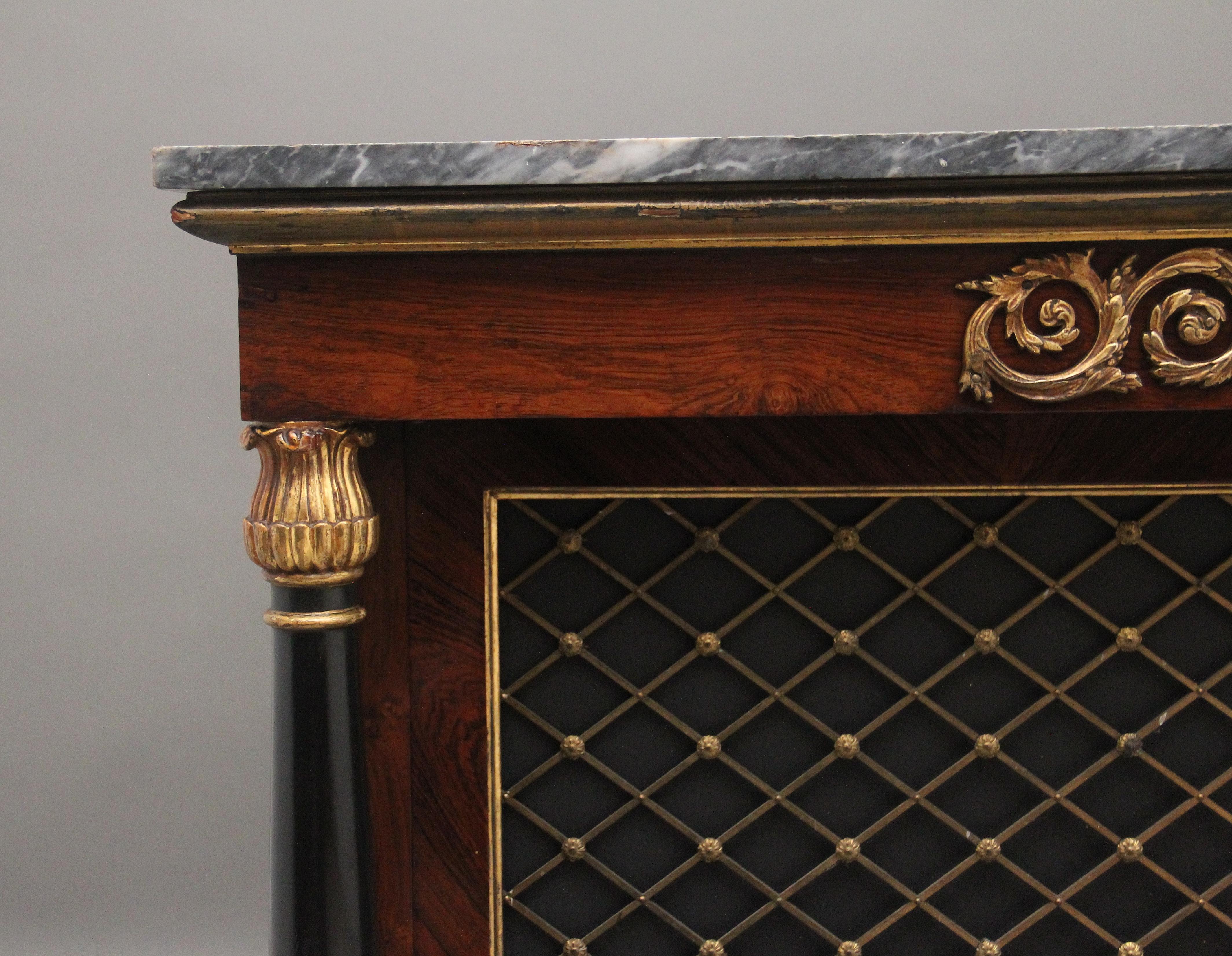Regency Early 19th Century rosewood, gilt and marble top cabinet For Sale