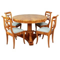 Early 19th Century Round Biedermeier Dining Table with Four Dining Chairs
