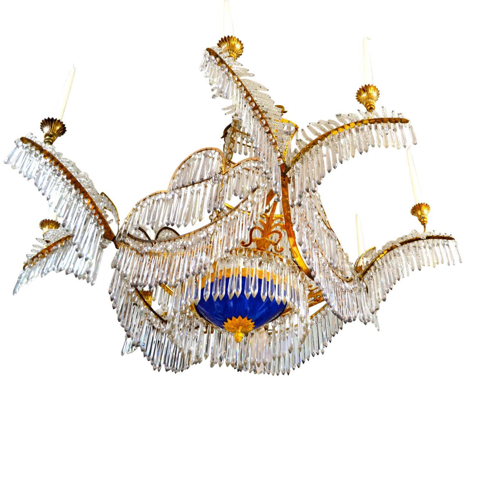 Early 19th Century Russian Crystal Gilt Bronze and Blue Glass Chandelier In Good Condition For Sale In Vancouver, British Columbia