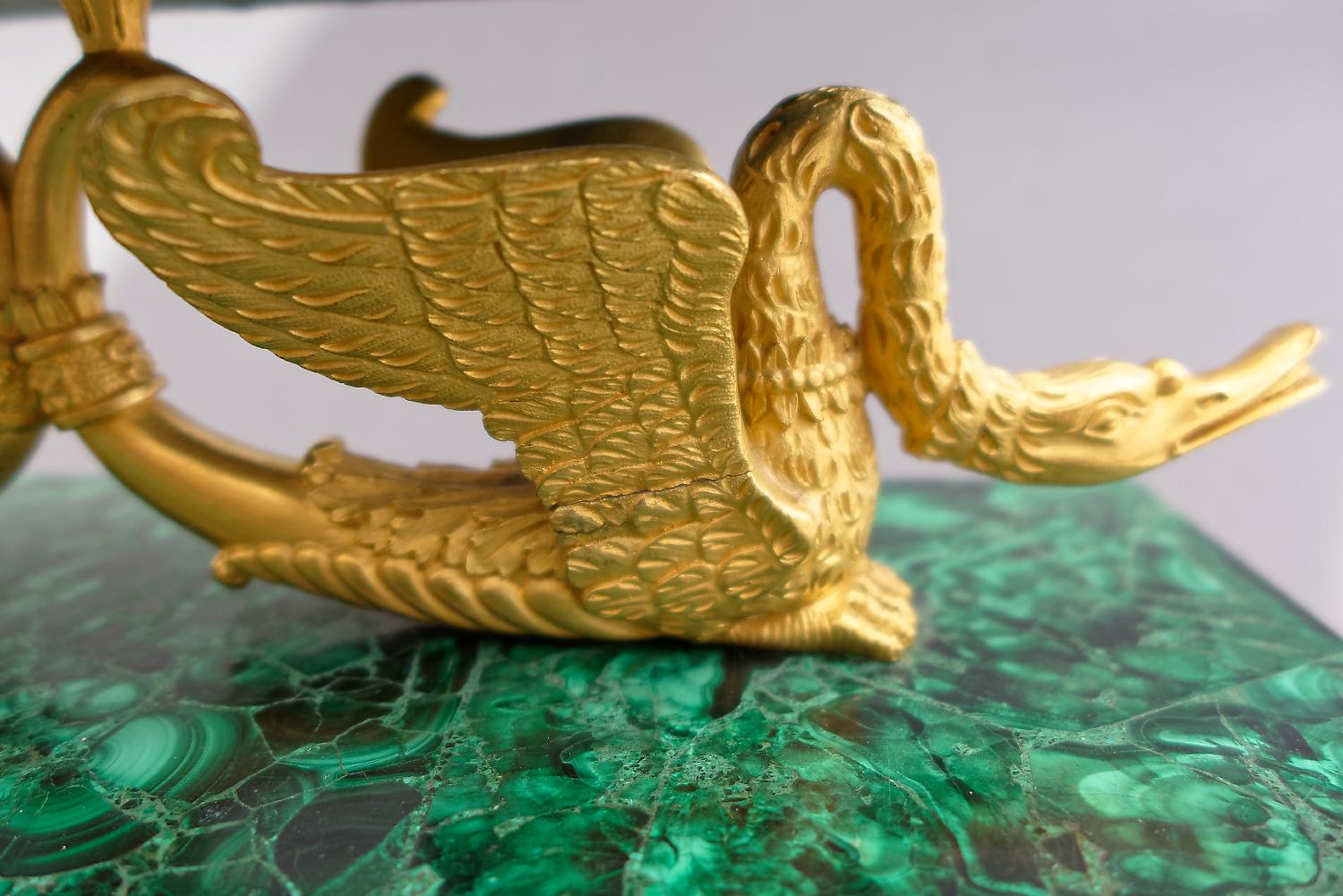 Gilt Early 19th Century Russian Empire Malachite and Ormolu Inkstand Encrier Swans For Sale