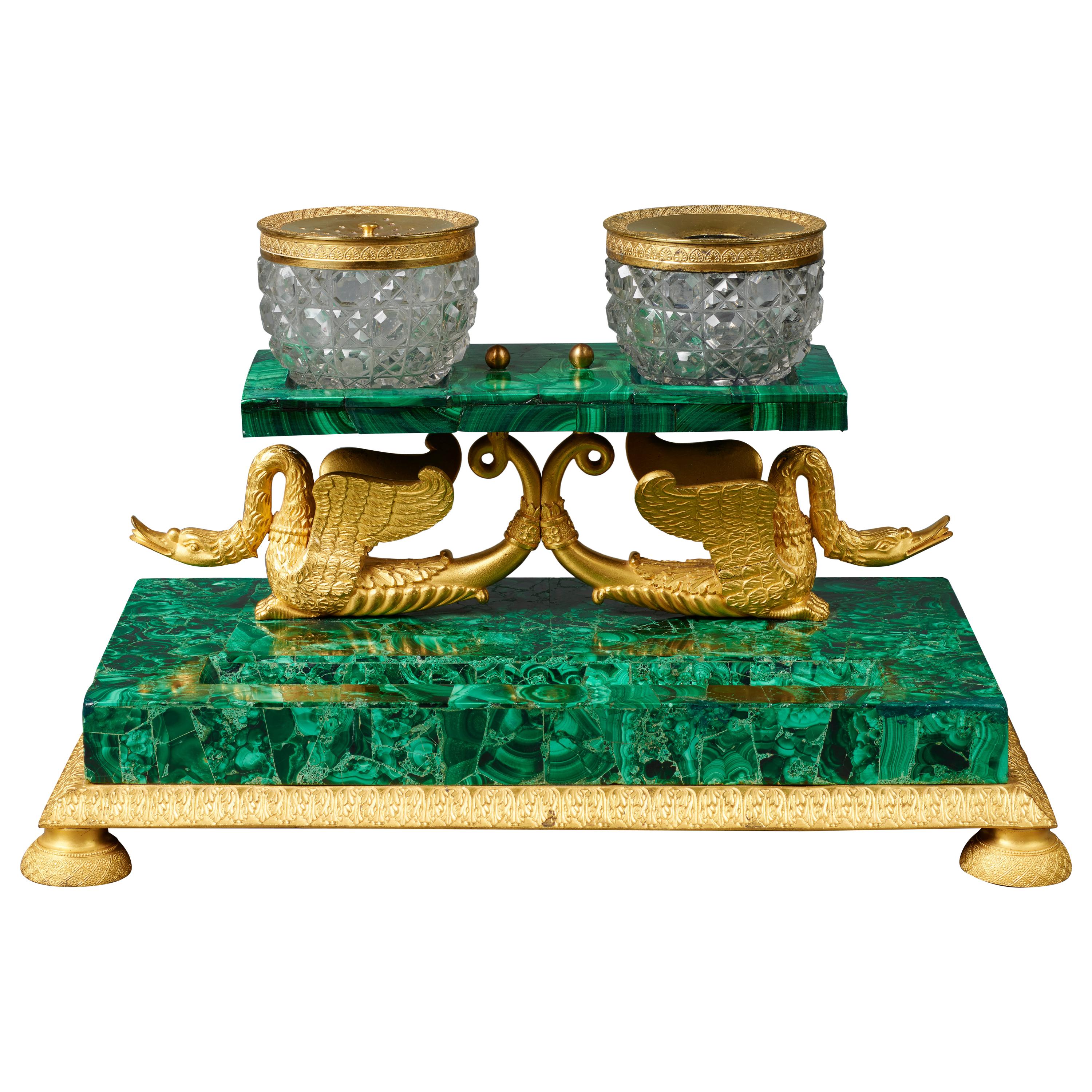 Early 19th Century Russian Empire Malachite and Ormolu Inkstand Encrier Swans For Sale