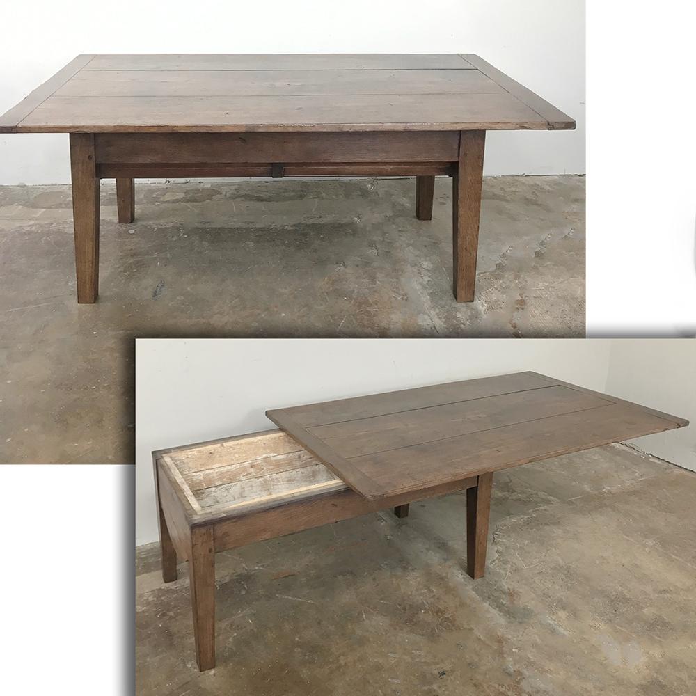 Early 19th century rustic Country French Petrin, coffee table represents the essence of functional utility, with a convenient coffee table that doubled as a proofing compartment for the daily process of making bread. The village cooper who made