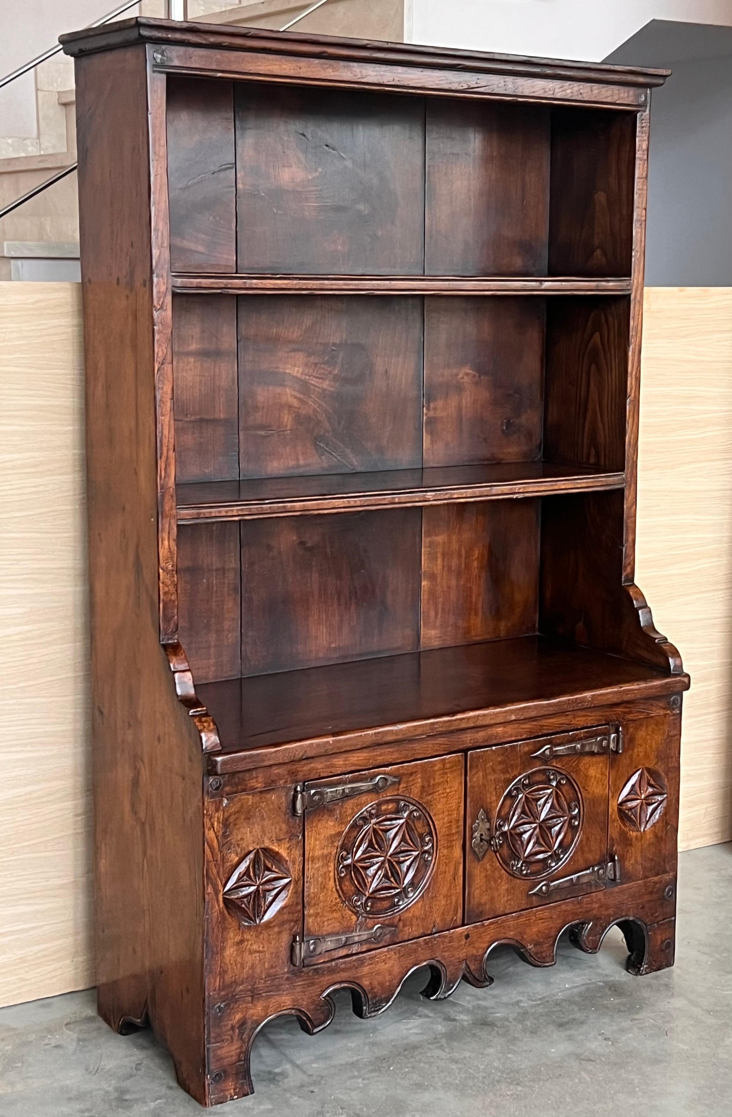 Gothic Revival Early 19th Century Rustic-Country Spanish Open Bookcase with Gothic Reliefs For Sale