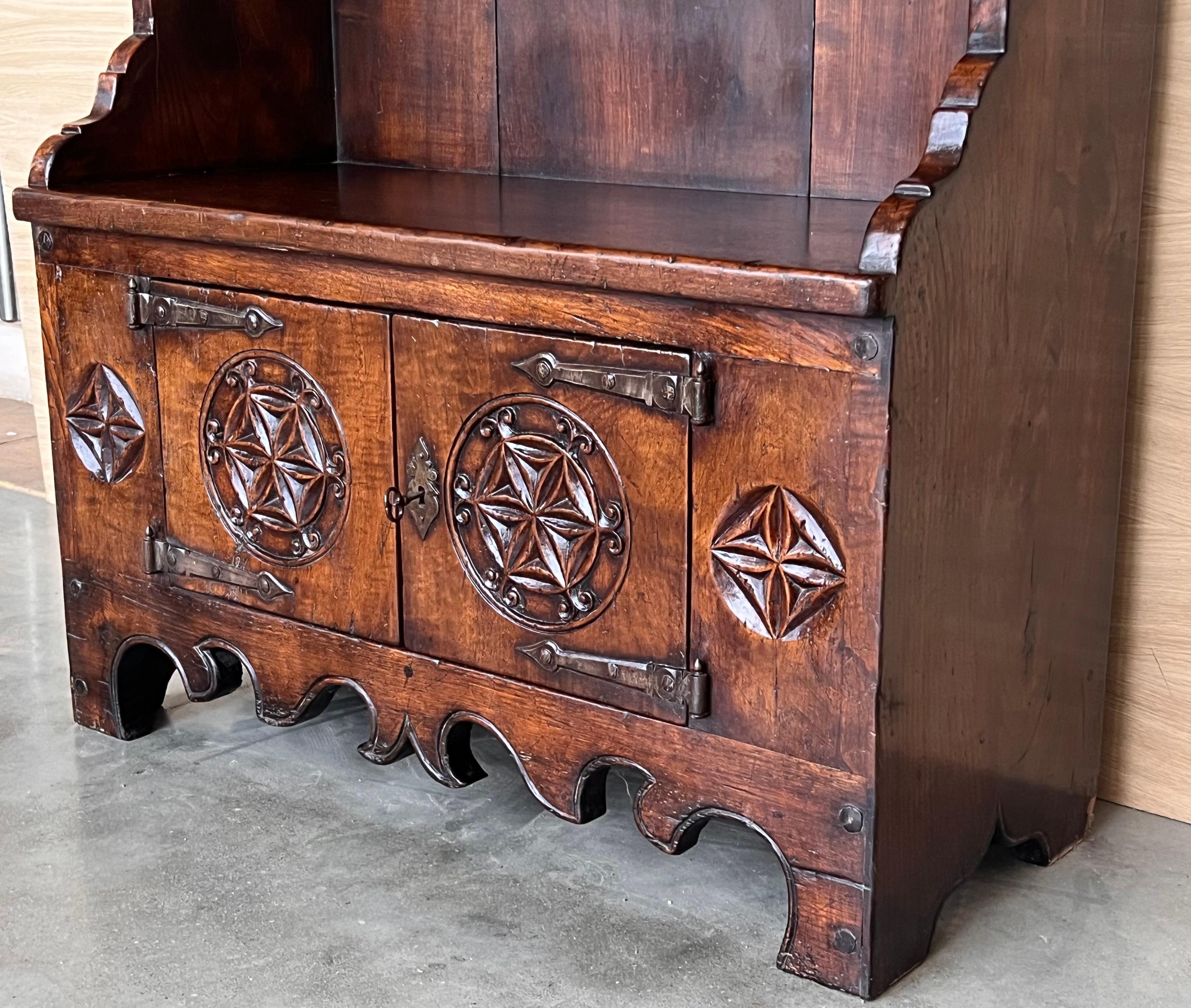 Iron Early 19th Century Rustic-Country Spanish Open Bookcase with Gothic Reliefs For Sale