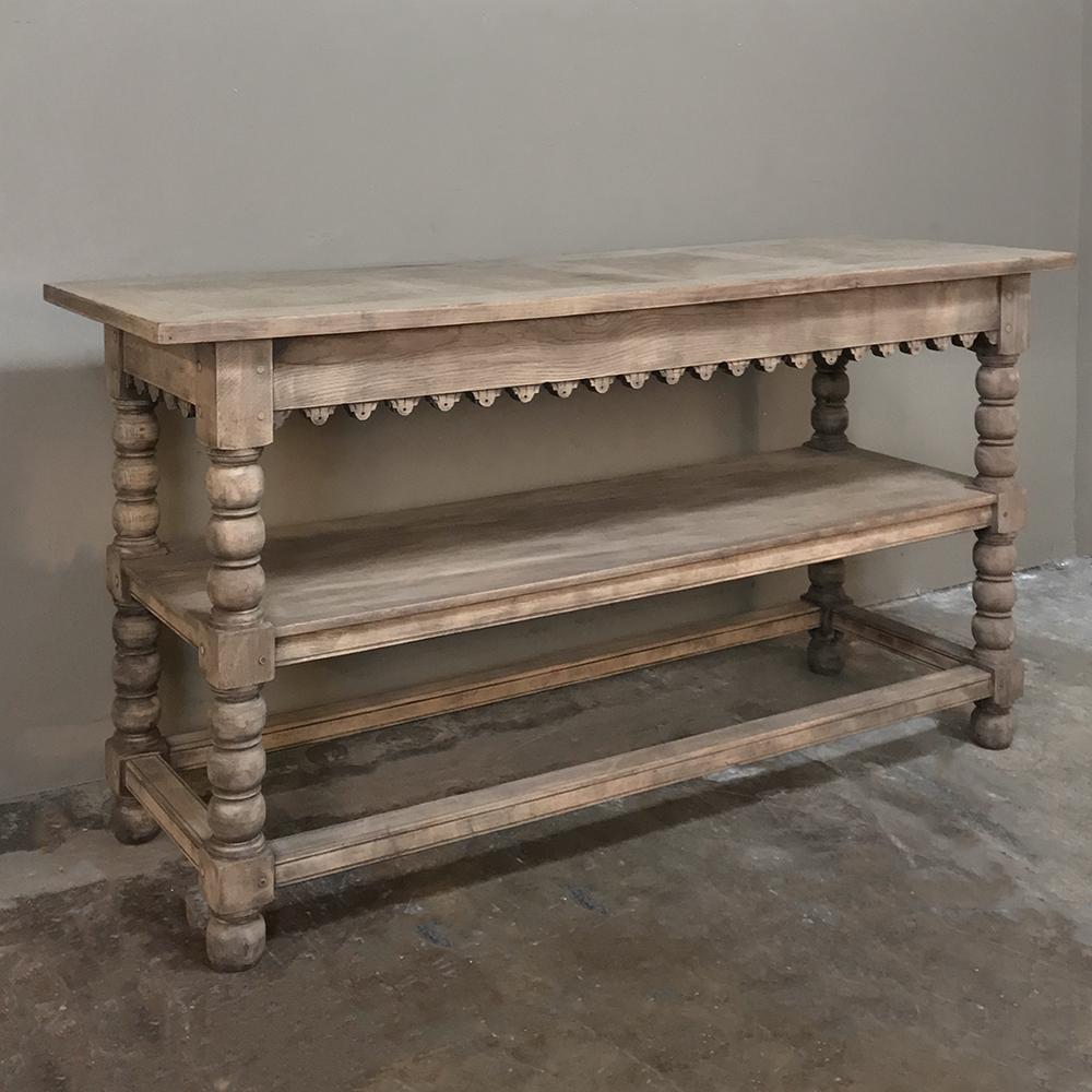 Hand-Crafted Early 19th Century Rustic Renaissance Stripped Oak Counter, Drapery Table