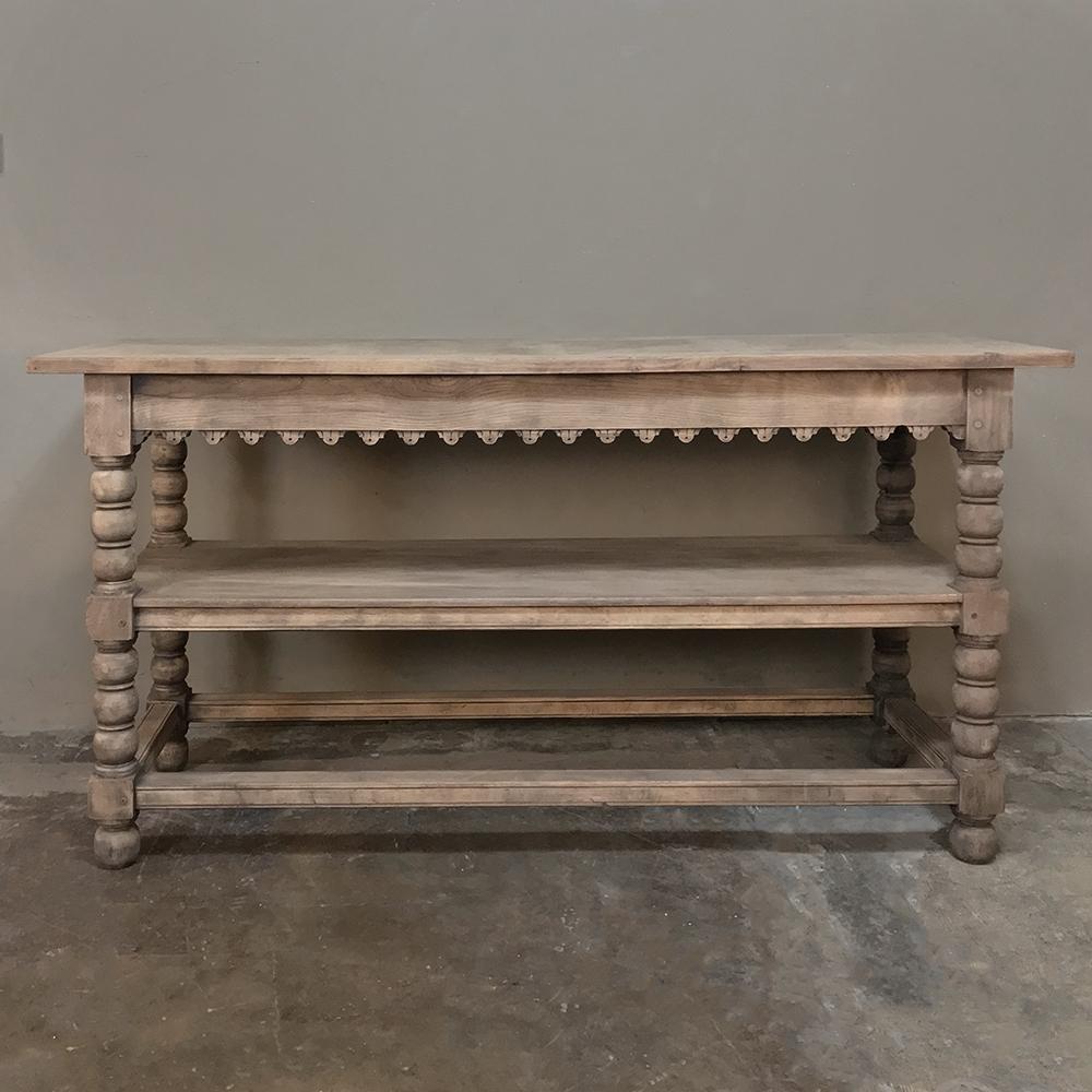 Early 19th century rustic Renaissance stripped oak counter features three surfaces, sturdy spooled legs, and incredible Old World charm ~ all rendered from seasoned, old-growth oak to last for centuries! Scalloped apron adds a visual touch, and one