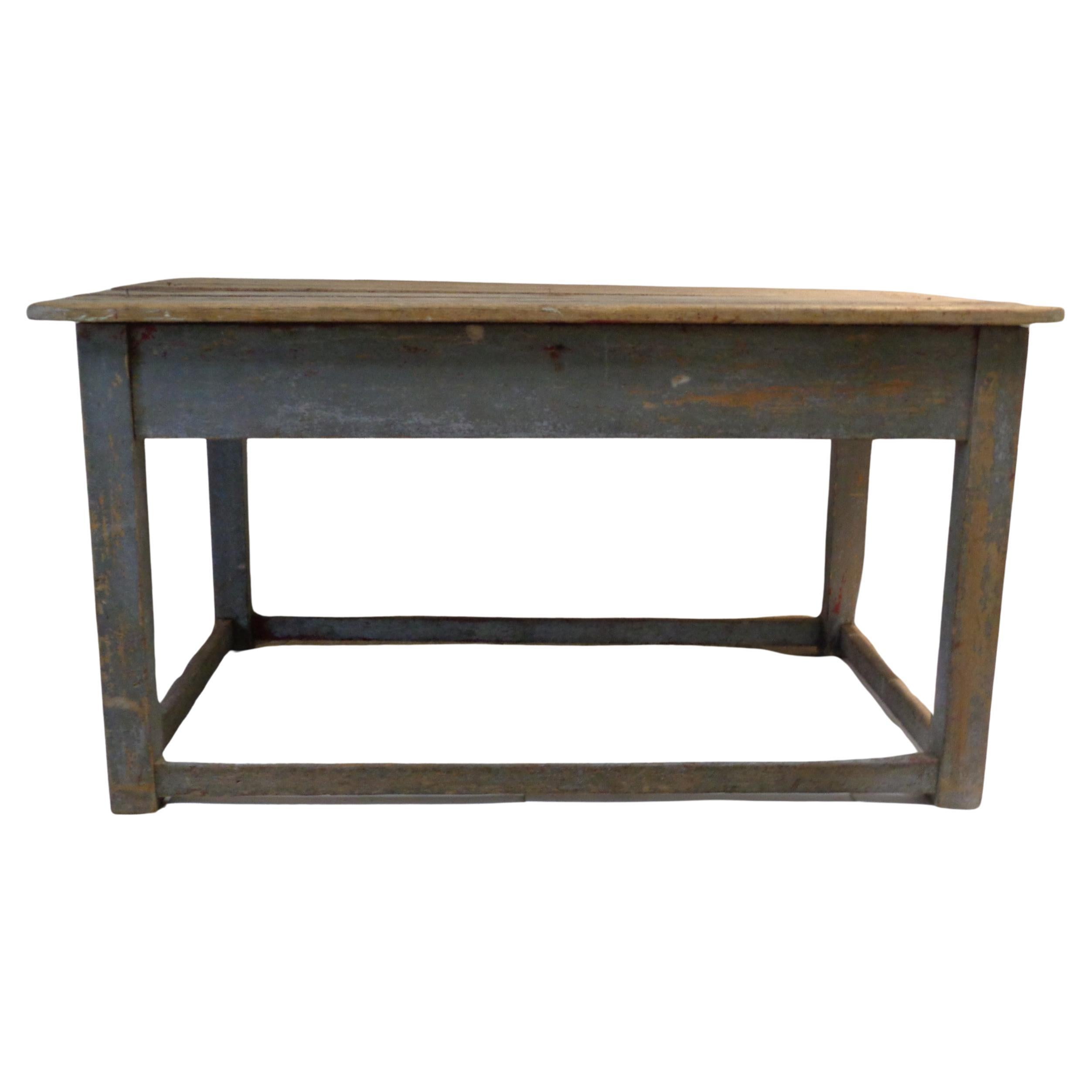 Early antique rustic country work table -  original nicely aged blue painted base with traces of later red paint and early pegged  mortised construction ( see img. 7 of peg ) The four legs joined by front and side stretchers at lower bottom.