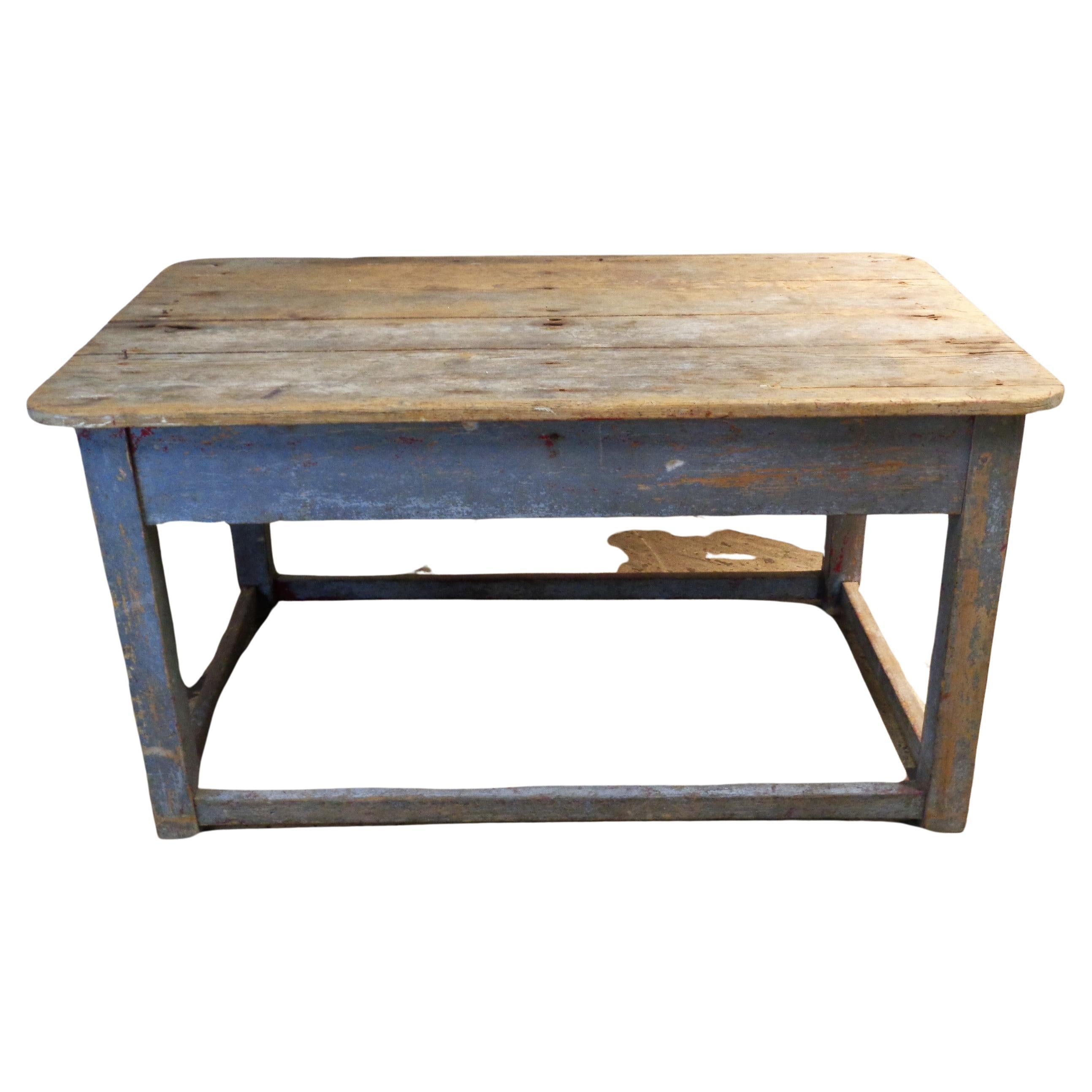 American  Early 19th Century Original Blue Painted Rustic Work Table  For Sale