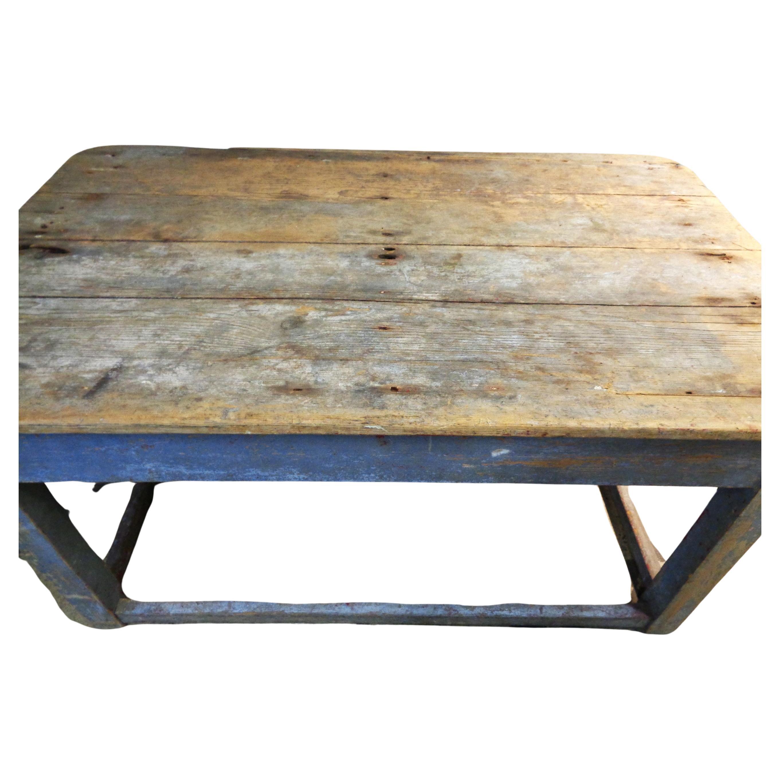 Hand-Crafted  Early 19th Century Original Blue Painted Rustic Work Table  For Sale