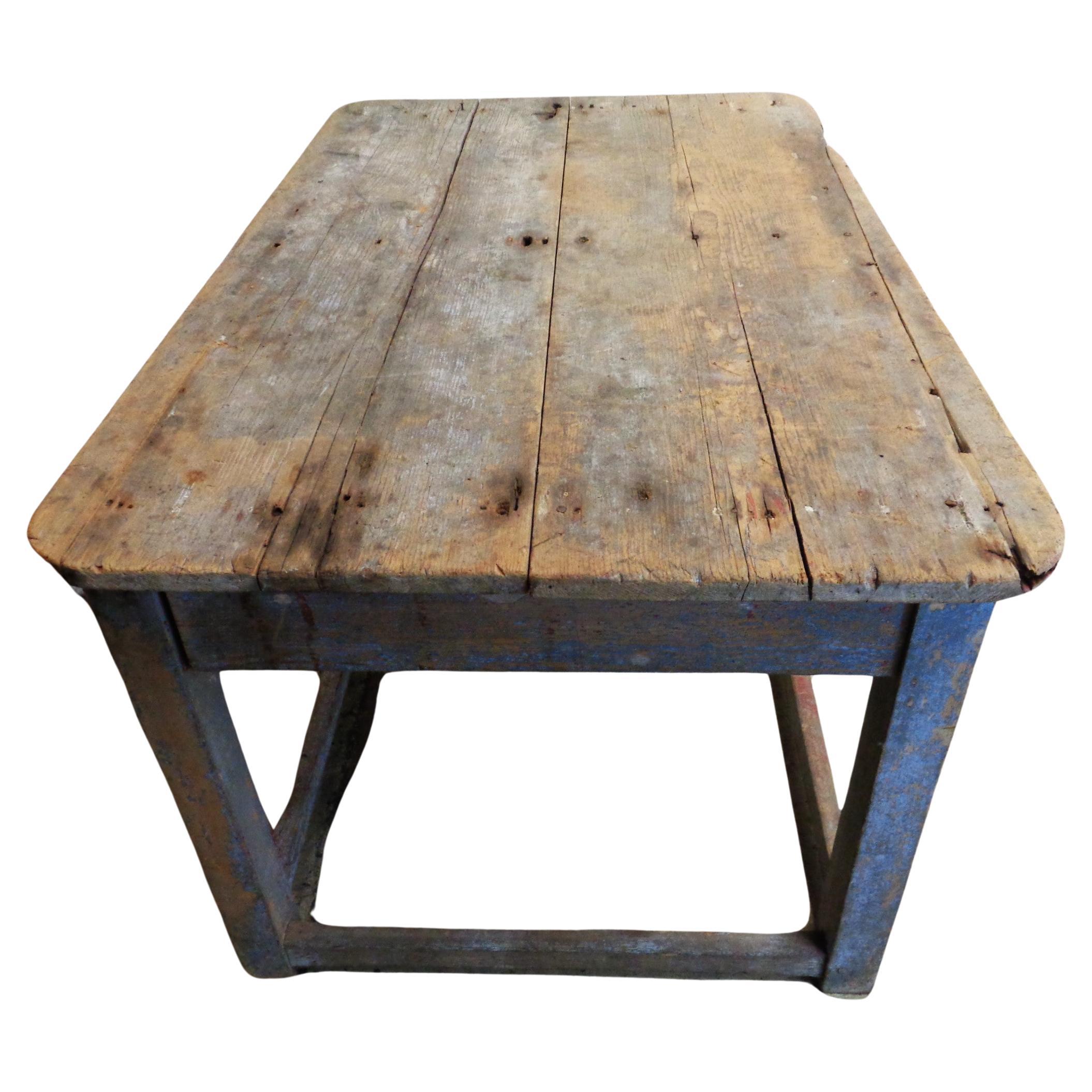  Early 19th Century Original Blue Painted Rustic Work Table  In Distressed Condition For Sale In Rochester, NY