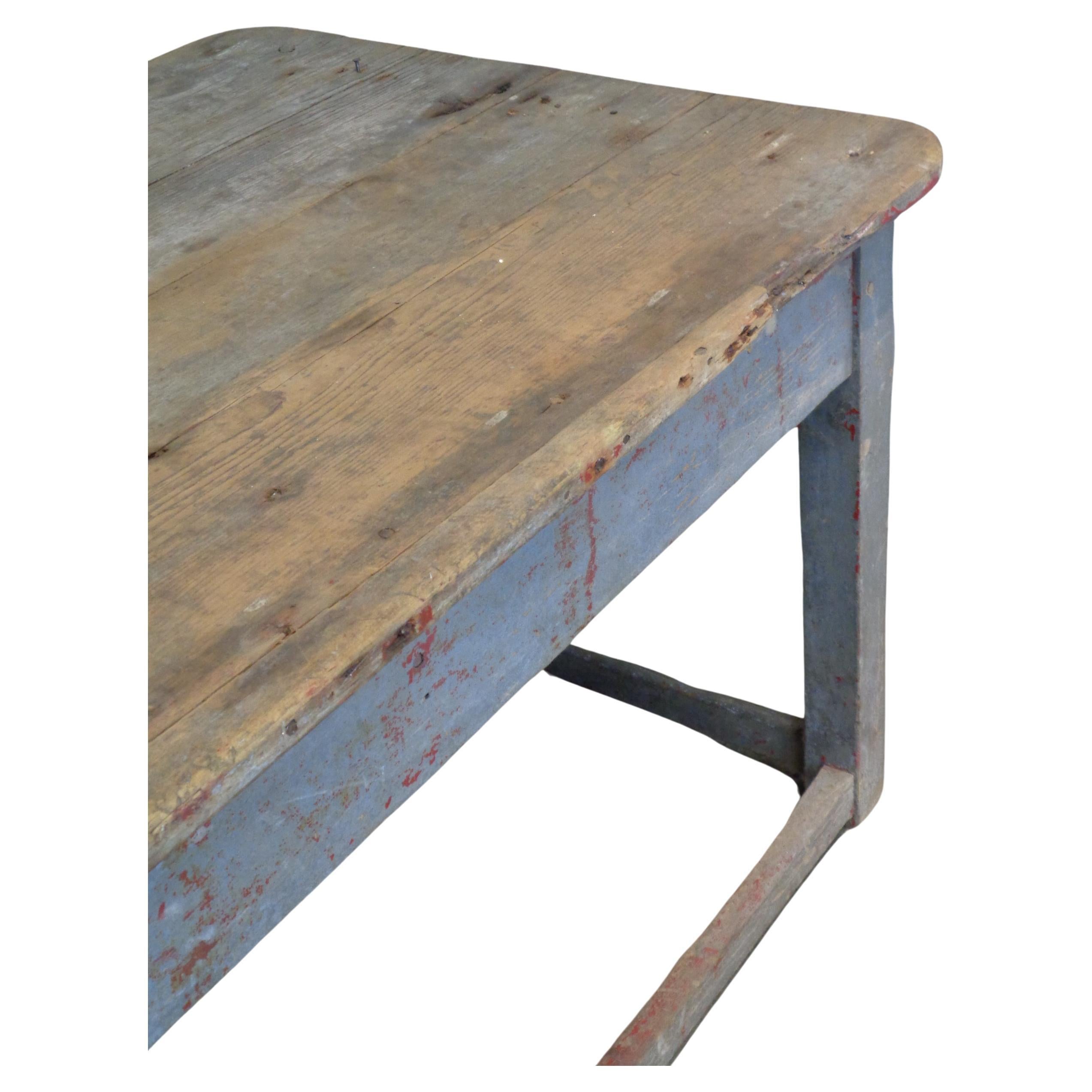 Wood  Early 19th Century Original Blue Painted Rustic Work Table  For Sale