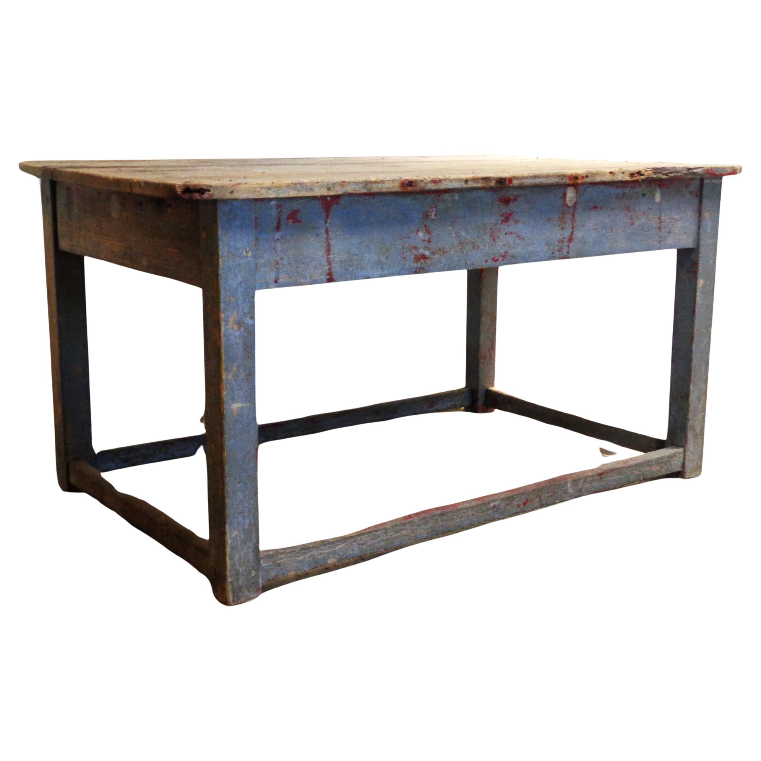 Early 19th Century Original Blue Painted Rustic Work Table  For Sale