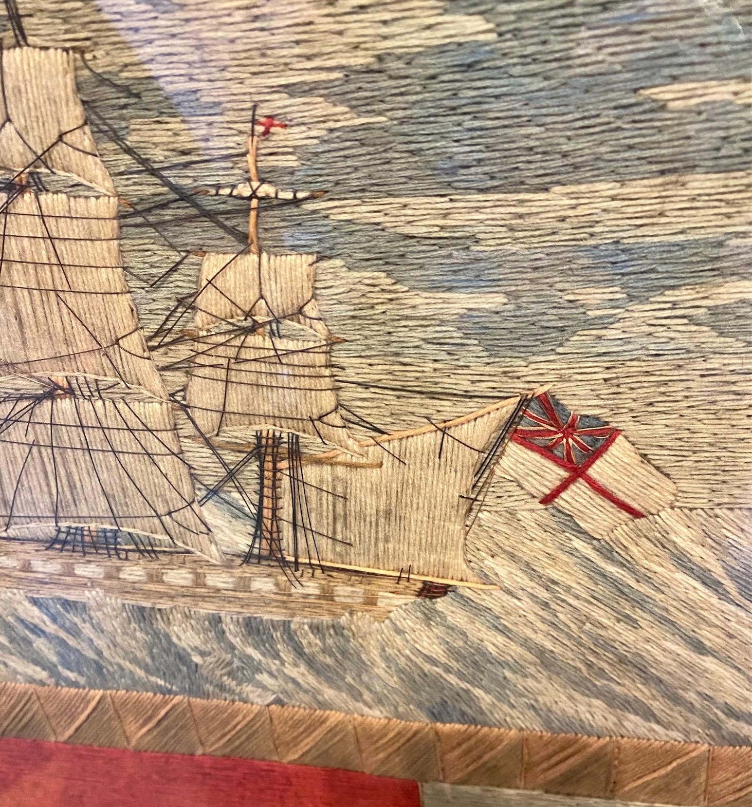 English Early 19th Century Sailor's Woolwork of Ship in Wild Seas, circa 1840