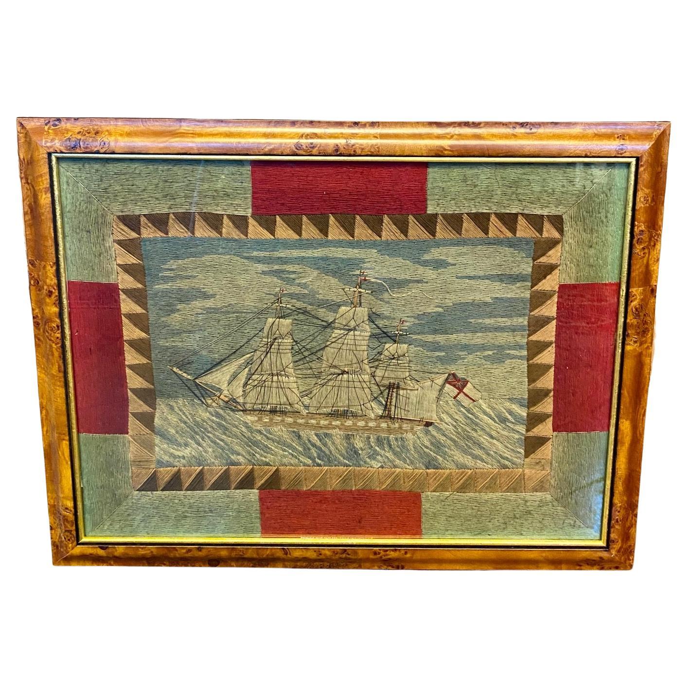 Early 19th Century Sailor's Woolwork of Ship in Wild Seas, circa 1840