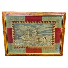 Antique Early 19th Century Sailor's Woolwork of Ship in Wild Seas, circa 1840