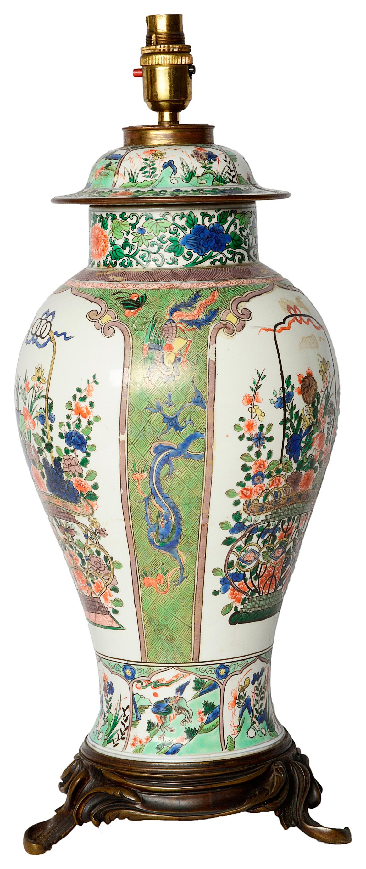 French Early 19th Century Samson Famille Verte Style Lidded Vase / Lamp For Sale