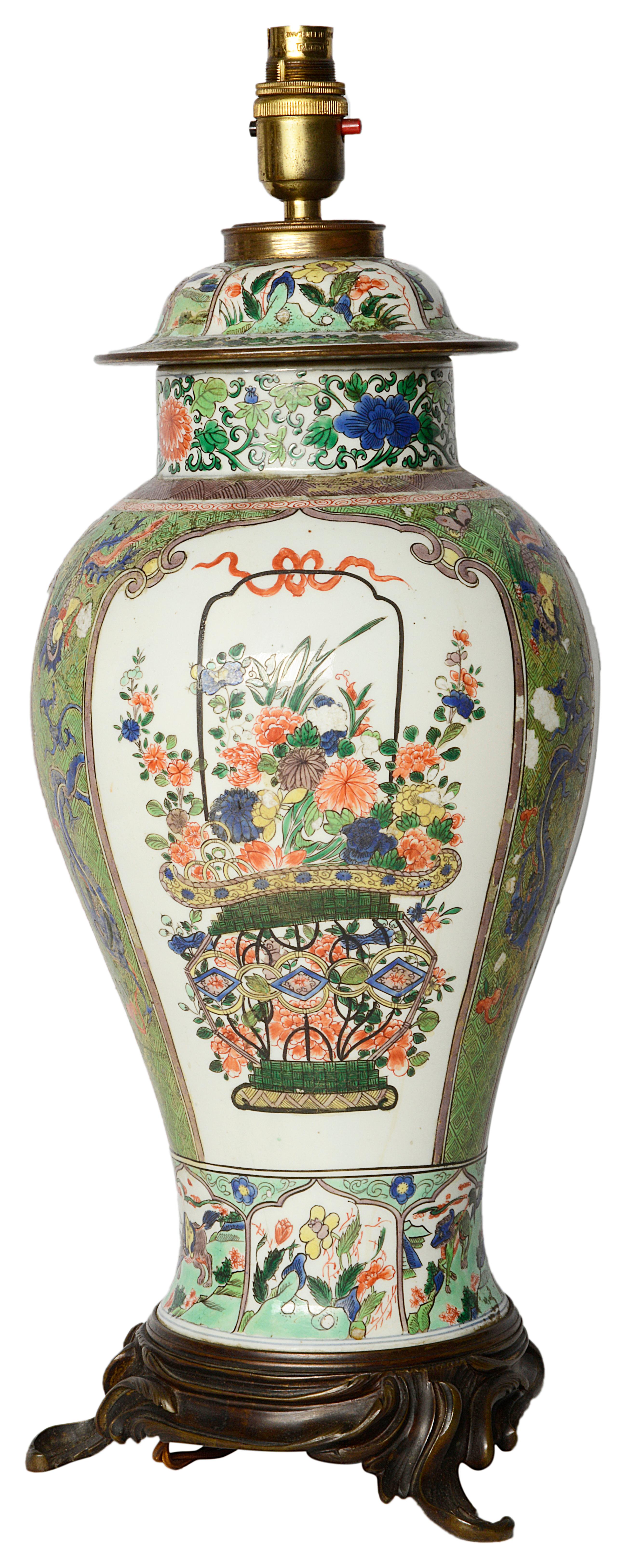 Hand-Painted Early 19th Century Samson Famille Verte Style Lidded Vase / Lamp For Sale