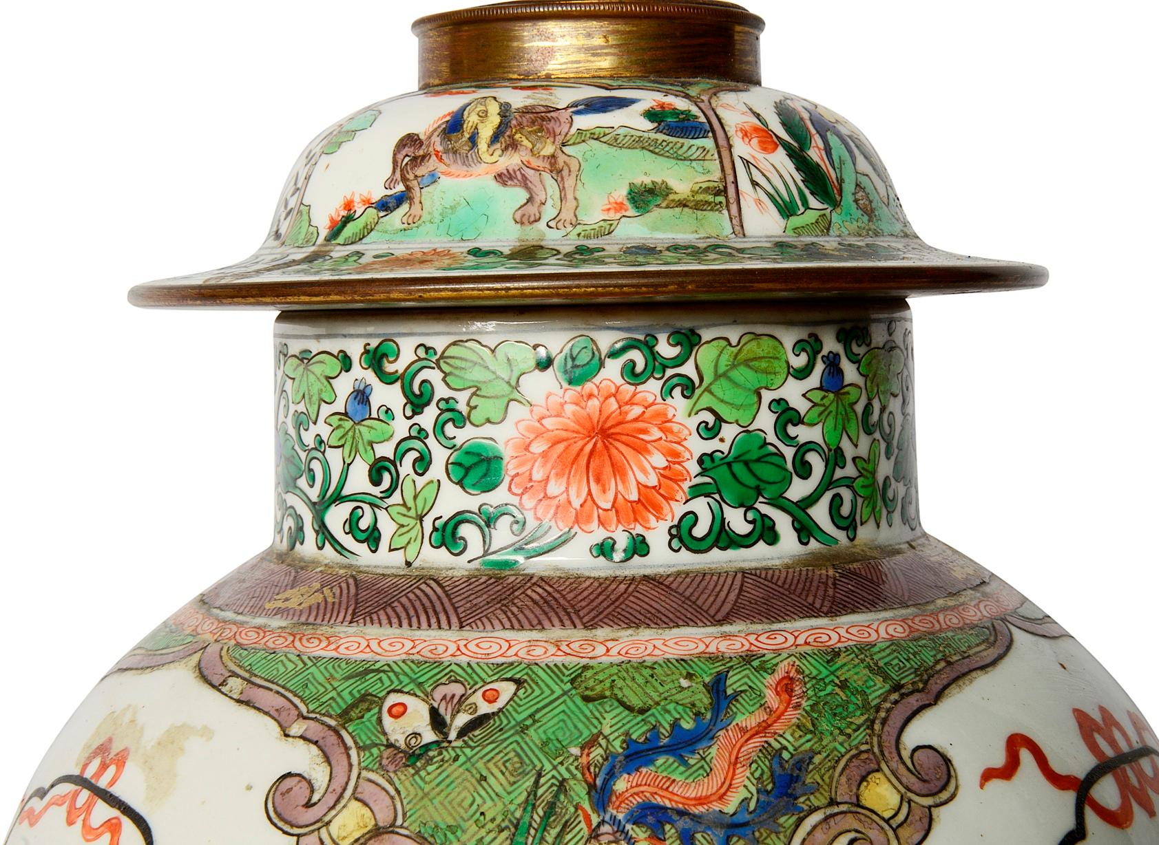 Early 19th Century Samson Famille Verte Style Lidded Vase / Lamp For Sale 1