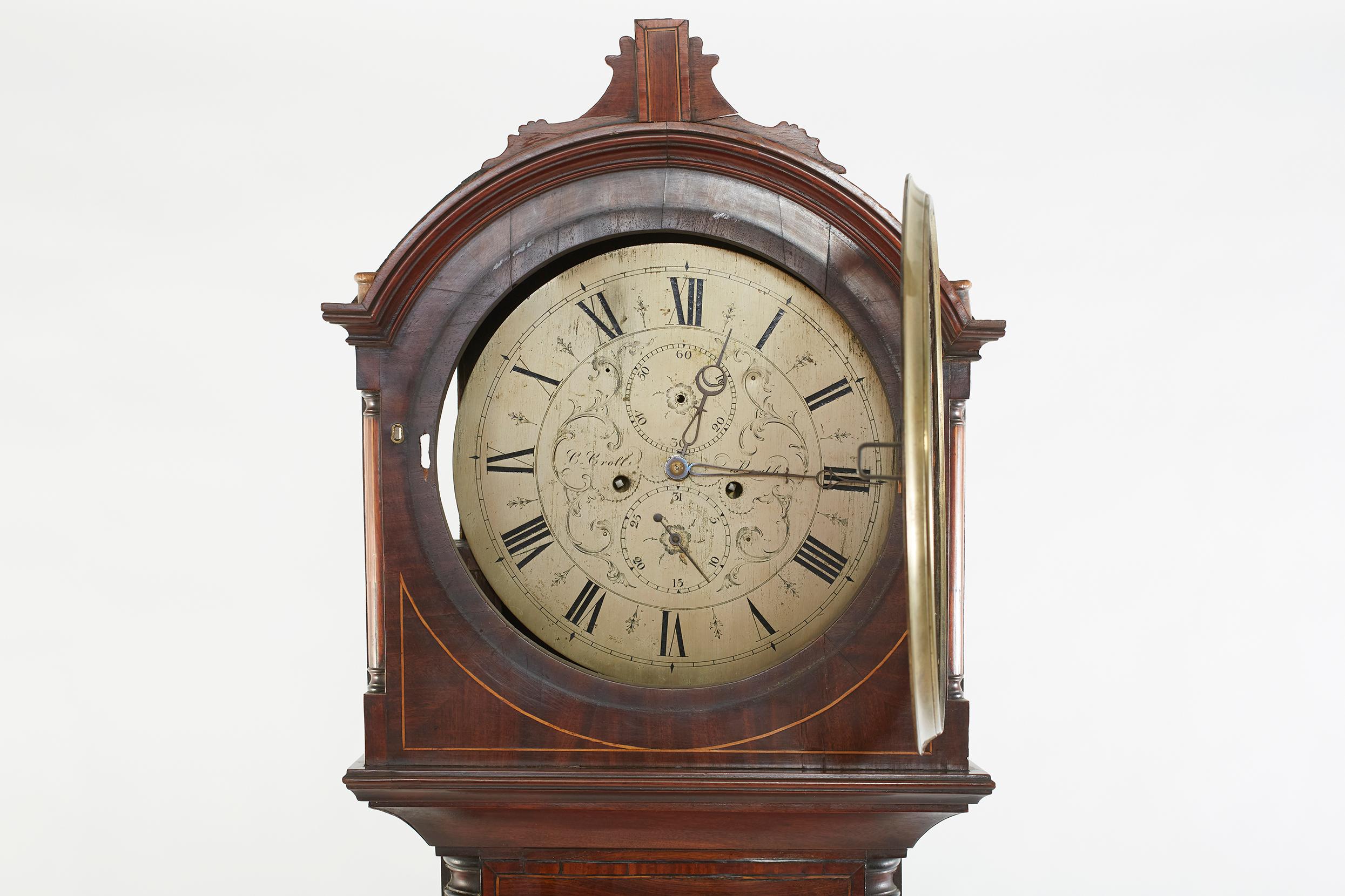Brass 18th Century Scottish Drumhead Tall Case Clock