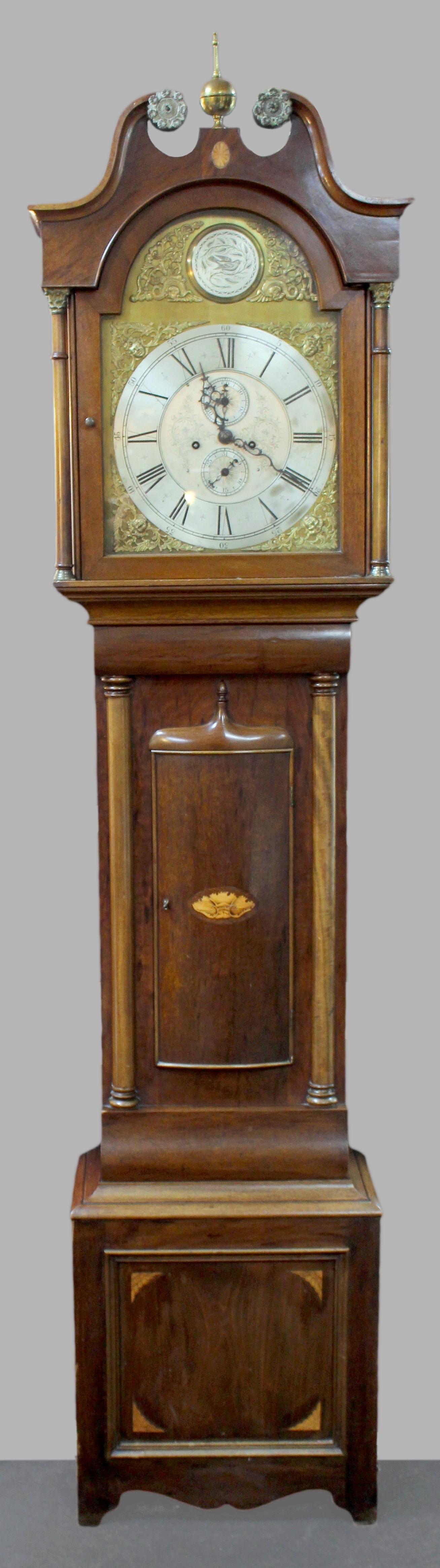 Early 19th Century Scottish Mahogany Longcase Clock with Arched Brass Dial

An elegant and well-proportioned early 19th century Scottish longcase clock, dating to circa 1840. Crafted from figured mahogany with satinwood and inlaid detailing, the